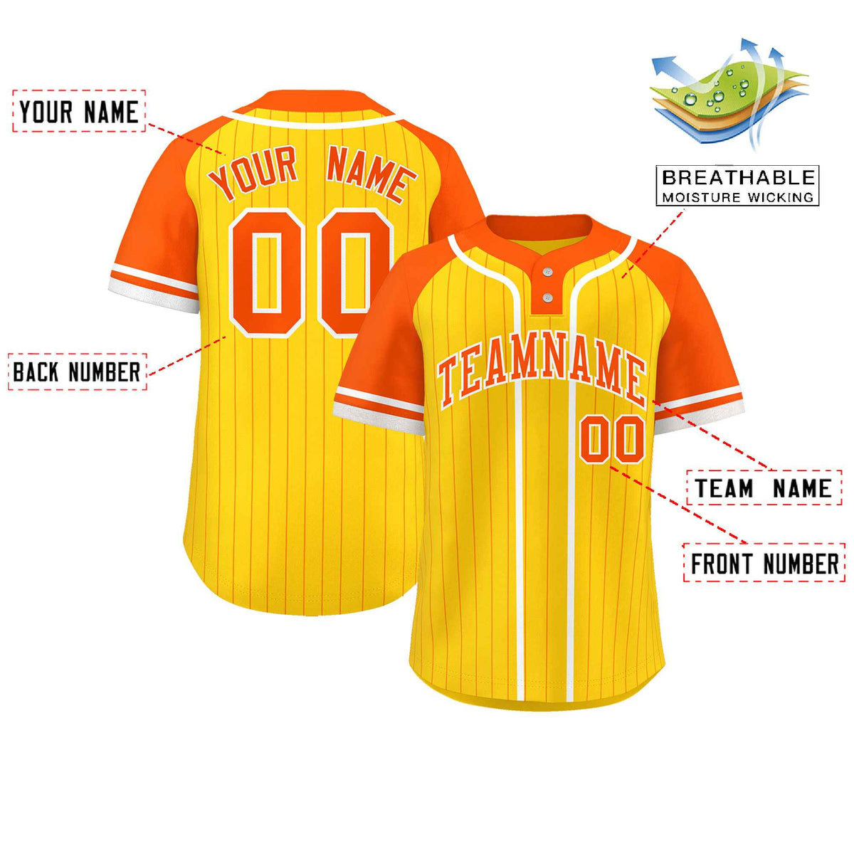 Custom Gold Orange-White Stripe Fashion Raglan Sleeves Authentic Two-Button Softball Jersey