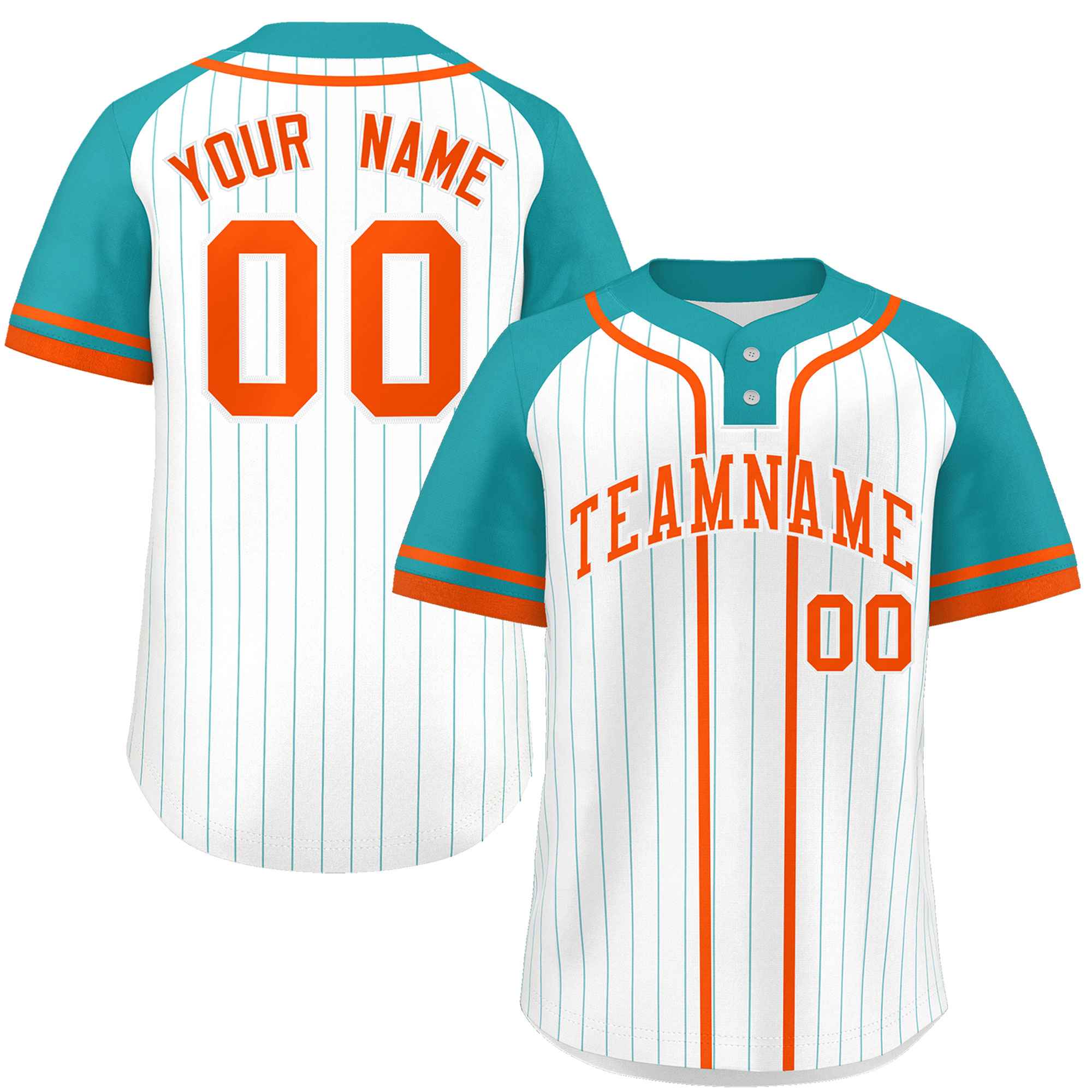 Custom White Aqua-Orange Stripe Fashion Raglan Sleeves Authentic Two-Button Baseball Jersey