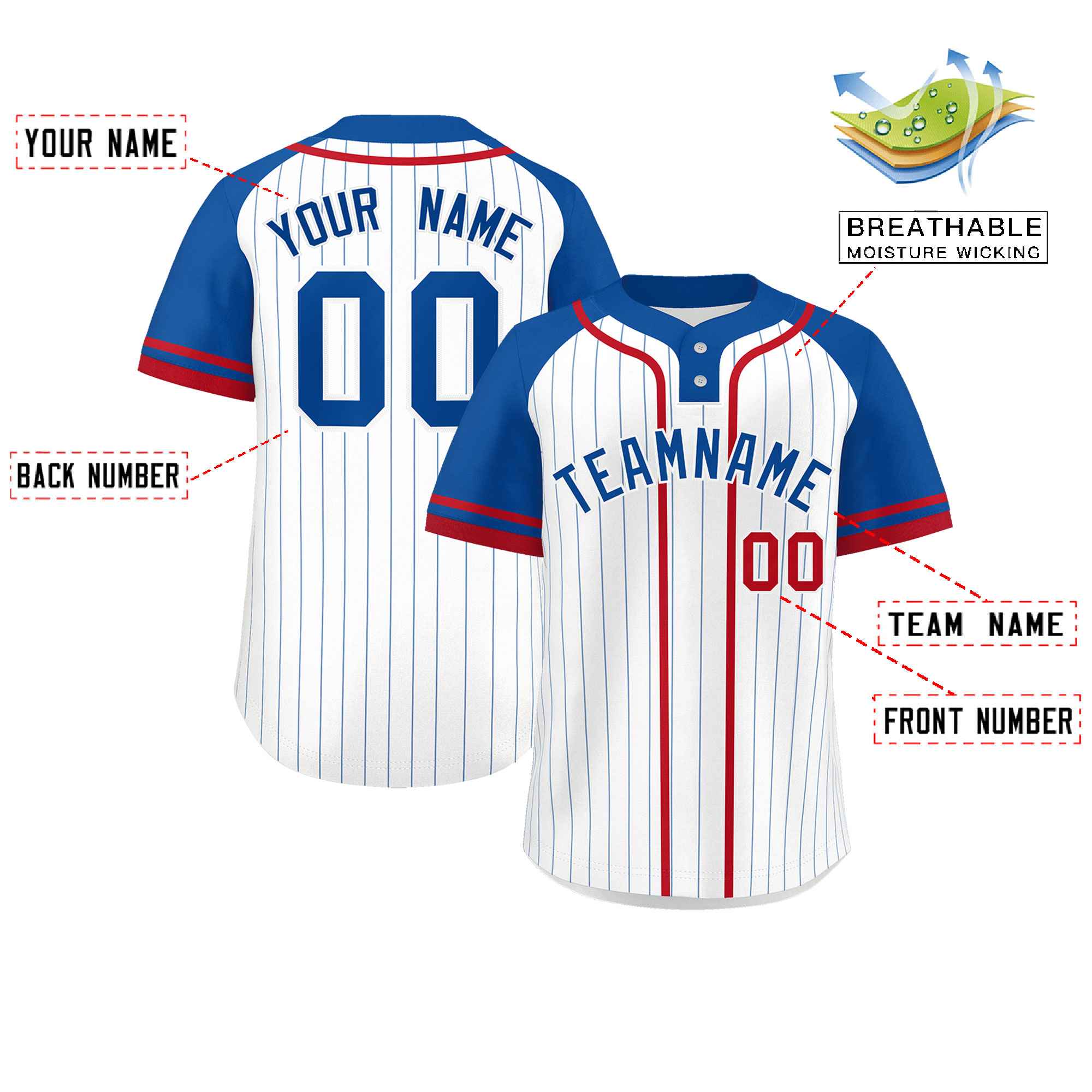 Custom White Royal-Red Stripe Fashion Raglan Sleeves Authentic Two-Button Softball Jersey