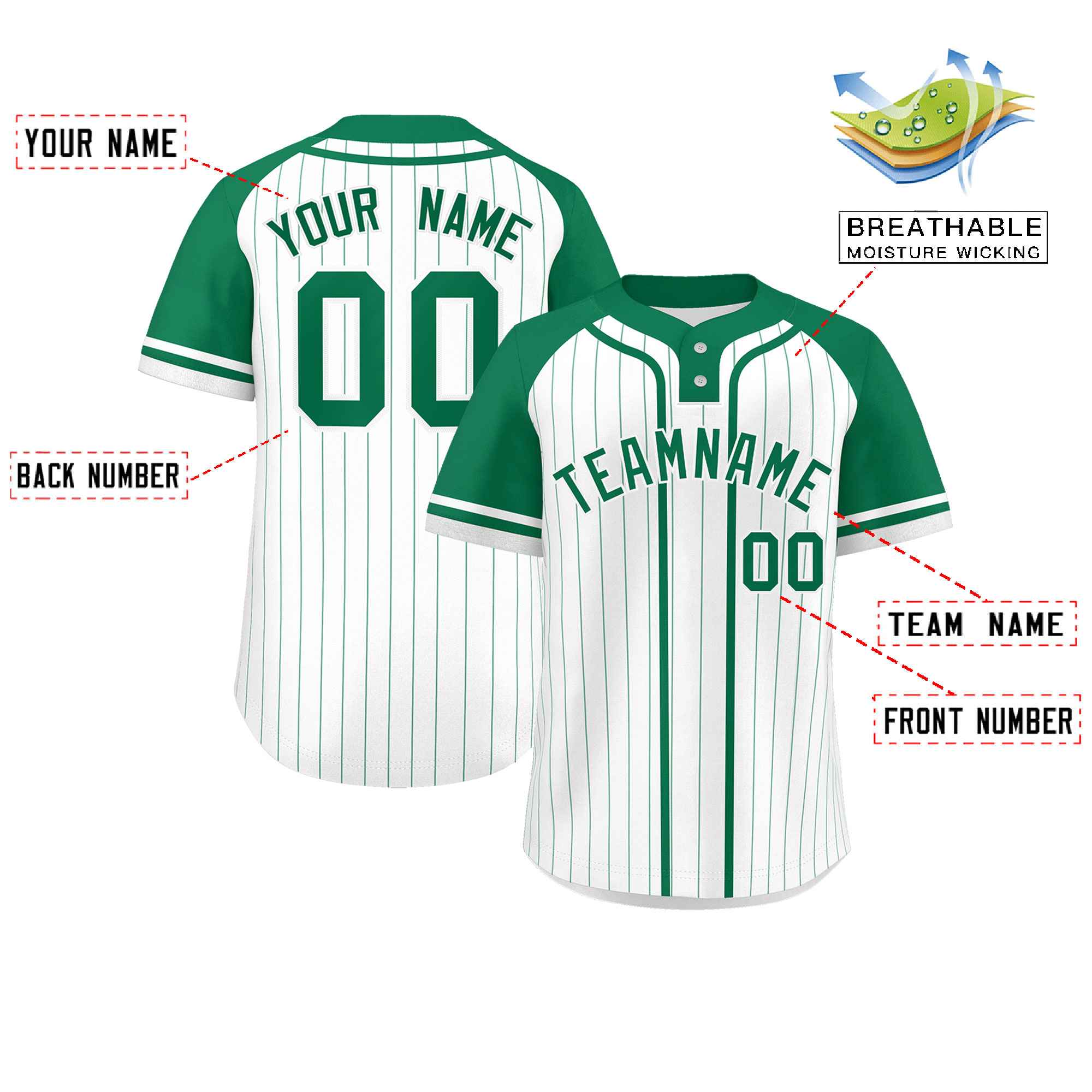 Custom White Kelly Green Stripe Fashion Raglan Sleeves Authentic Two-Button Softball Jersey