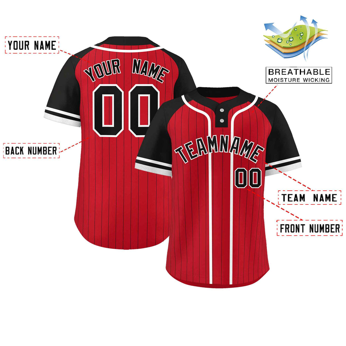 Custom Red Black-White Stripe Fashion Raglan Sleeves Authentic Two-Button Softball Jersey