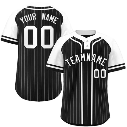 Custom Black White Stripe Fashion Raglan Sleeves Authentic Two-Button Baseball Jersey