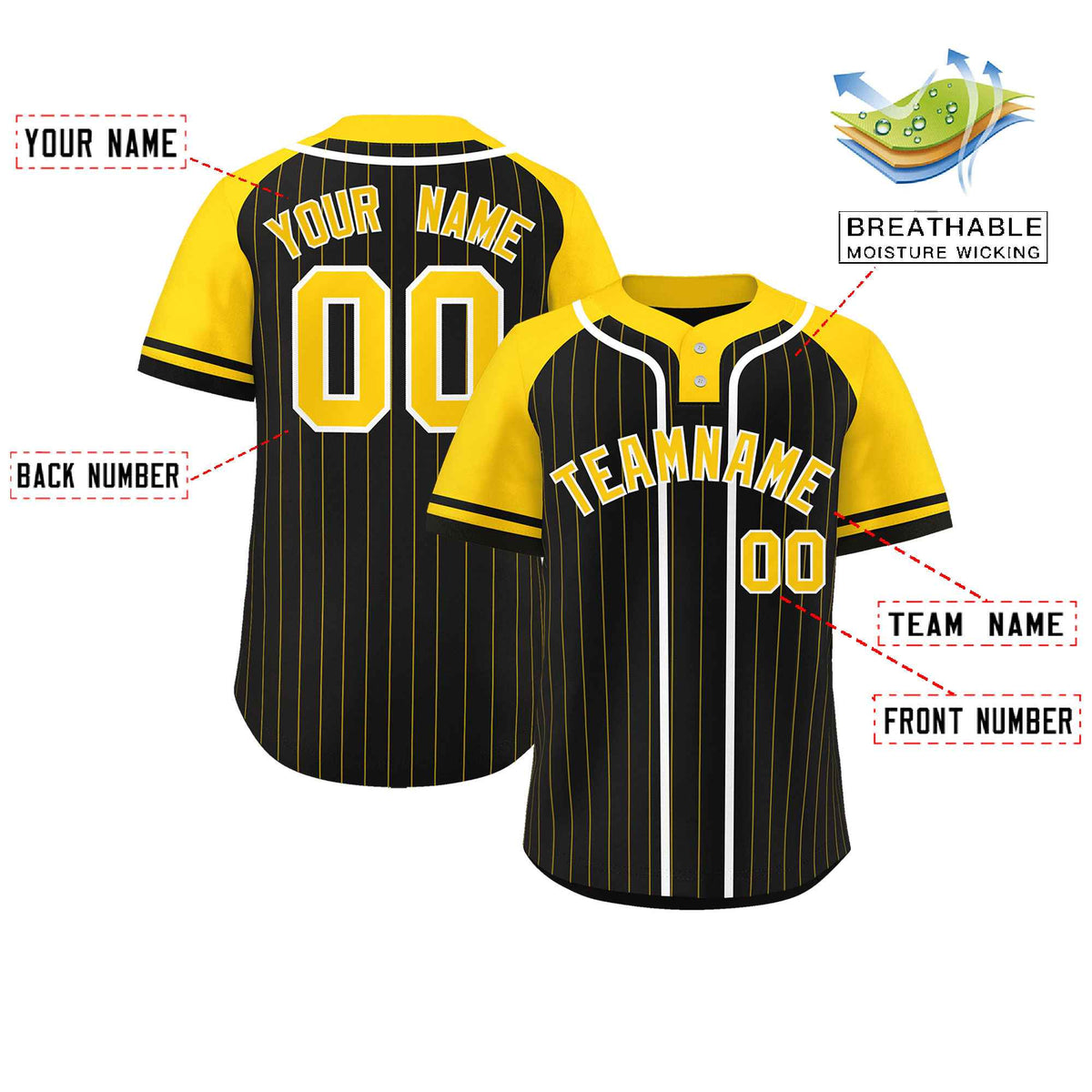Custom Black Gold-White Stripe Fashion Raglan Sleeves Authentic Two-Button Softball Jersey