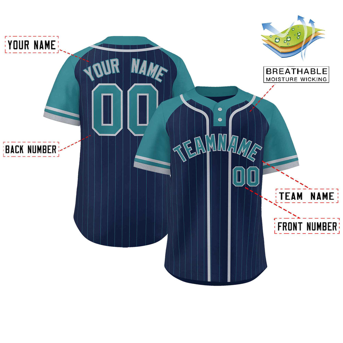 Custom Navy Aqua-Gray Stripe Fashion Raglan Sleeves Authentic Two-Button Softball Jersey