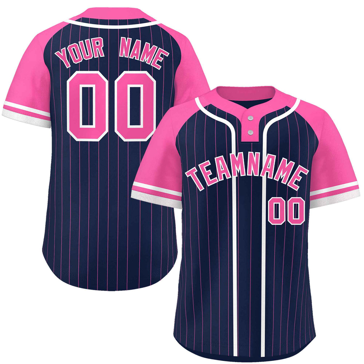 Custom Navy Pink-White Stripe Fashion Raglan Sleeves Authentic Two-Button Softball Jersey
