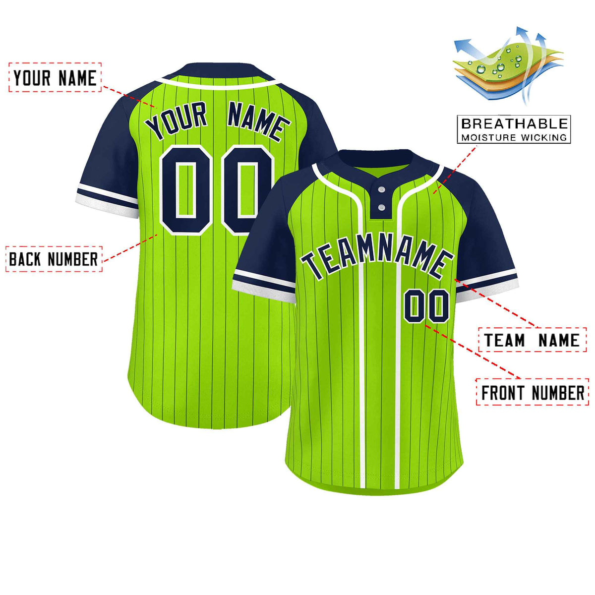 Custom Neon Green Navy-White Stripe Fashion Raglan Sleeves Authentic Two-Button Softball Jersey