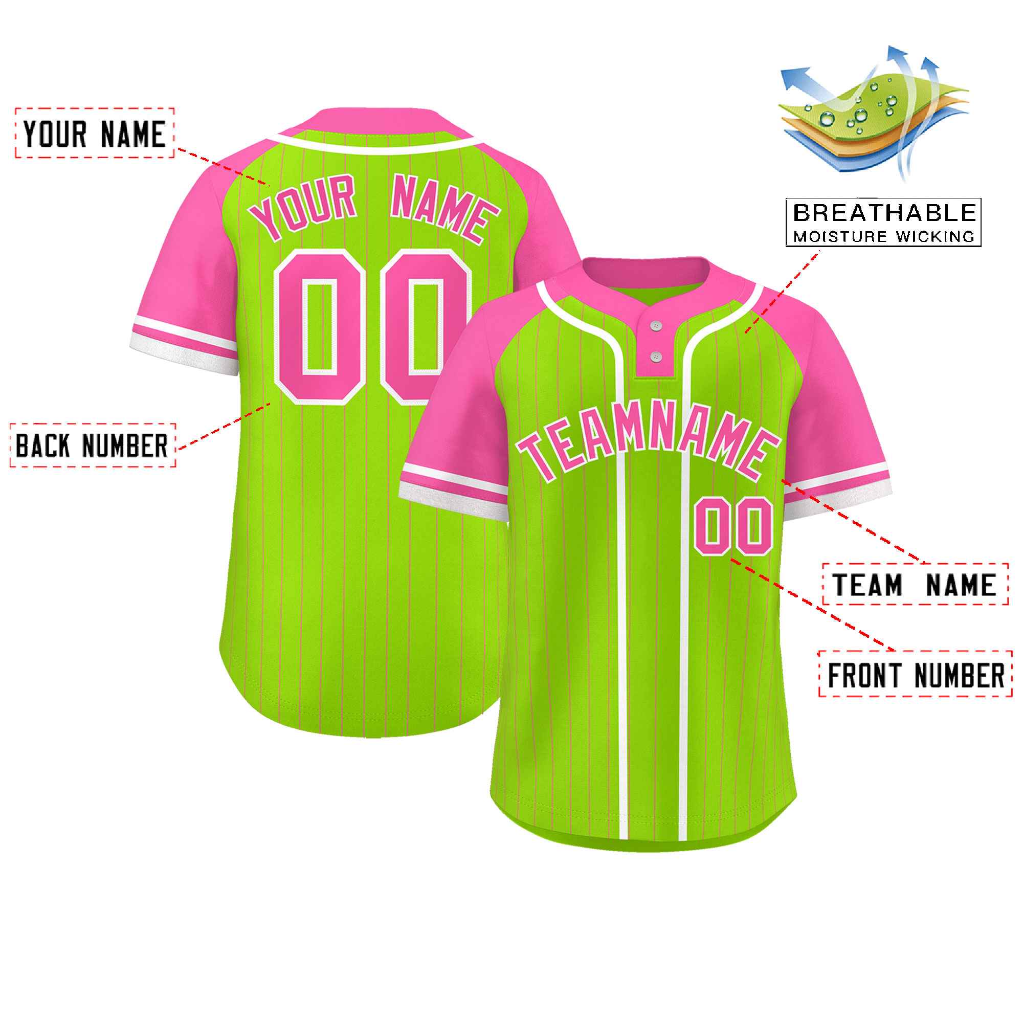 Custom Neon Green Pink-White Stripe Fashion Raglan Sleeves Authentic Two-Button Softball Jersey