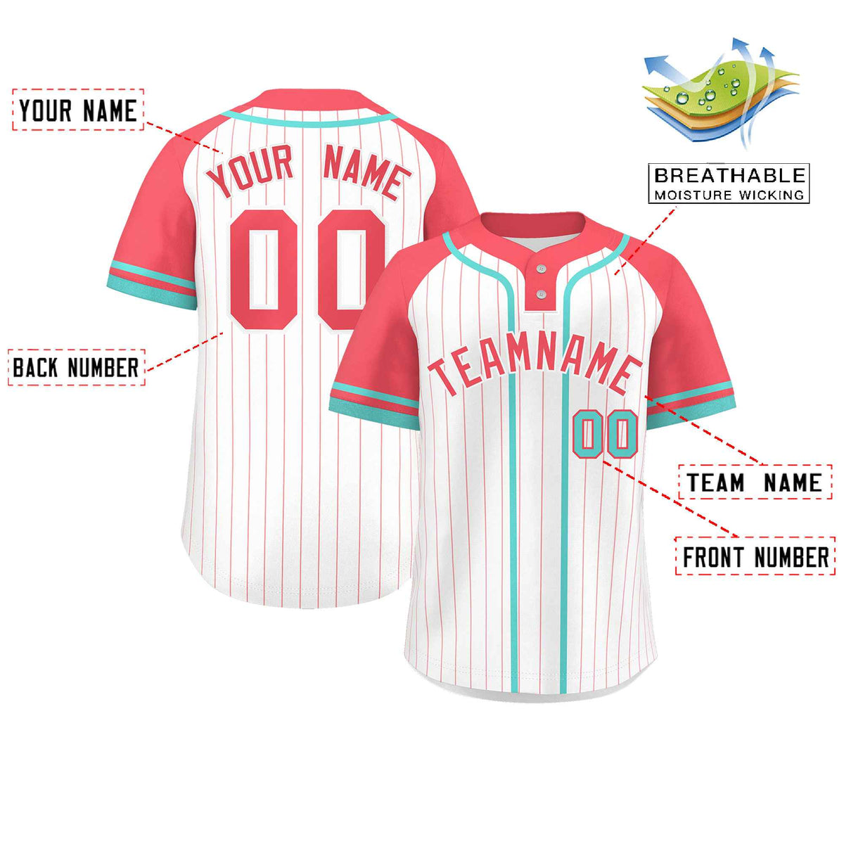 Custom White Light Red-Aqua Stripe Fashion Raglan Sleeves Authentic Two-Button Softball Jersey