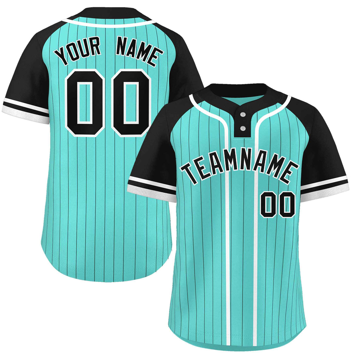 Custom Aqua Black-White Stripe Fashion Raglan Sleeves Authentic Two-Button Softball Jersey