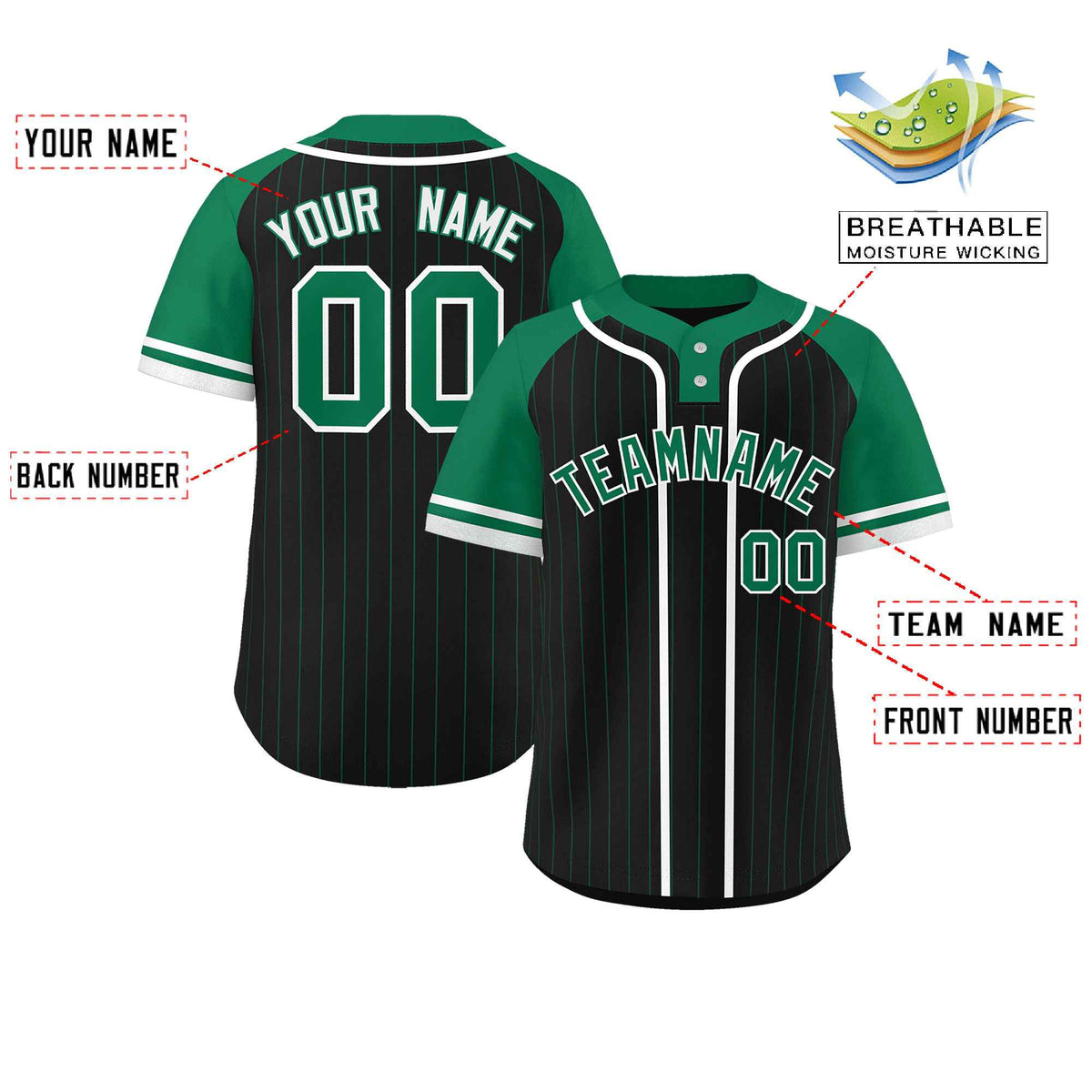 Custom Black Kelly Green-White Stripe Fashion Raglan Sleeves Authentic Two-Button Softball Jersey