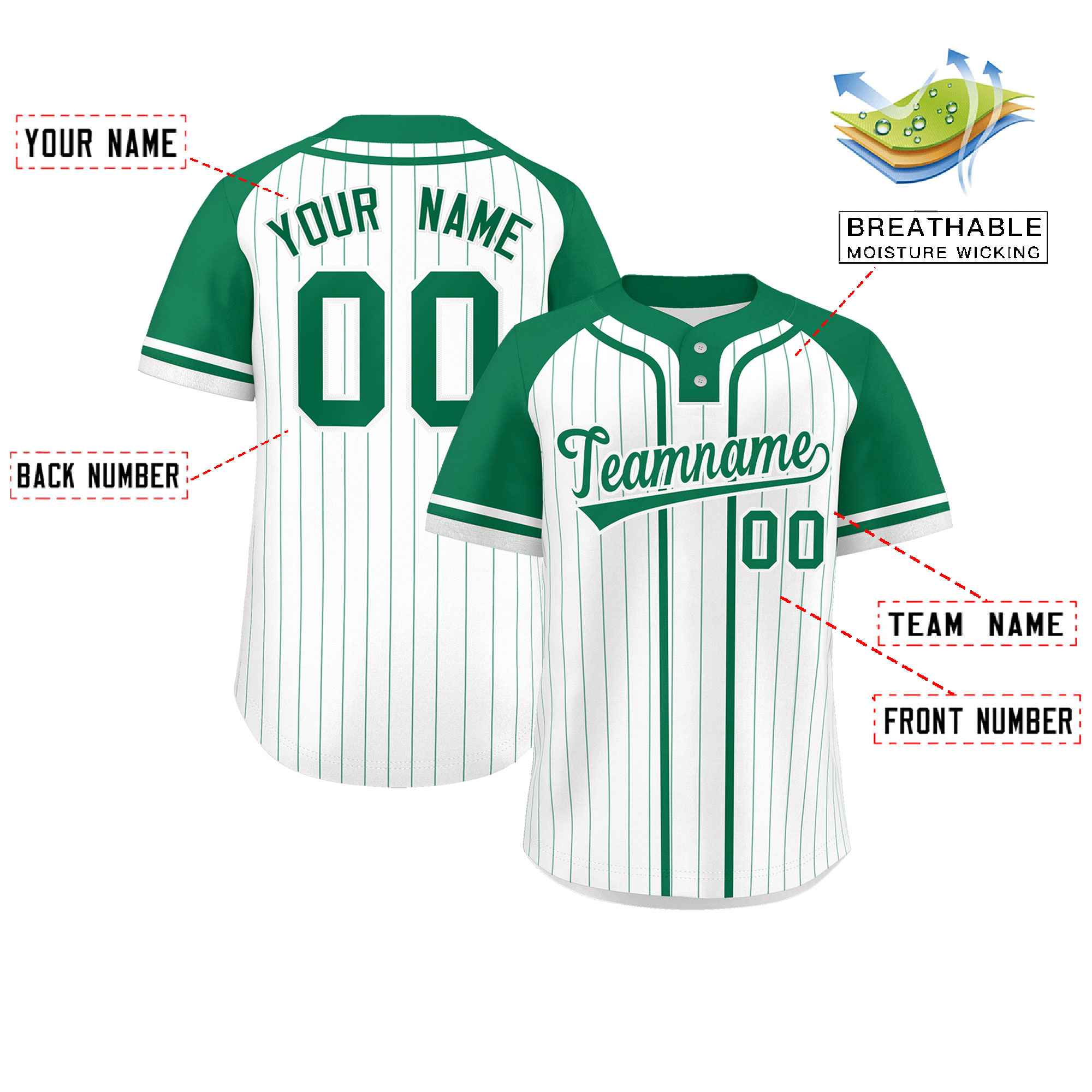 Custom White Kelly Green Stripe Fashion Raglan Sleeves Authentic Two-Button Softball Jersey