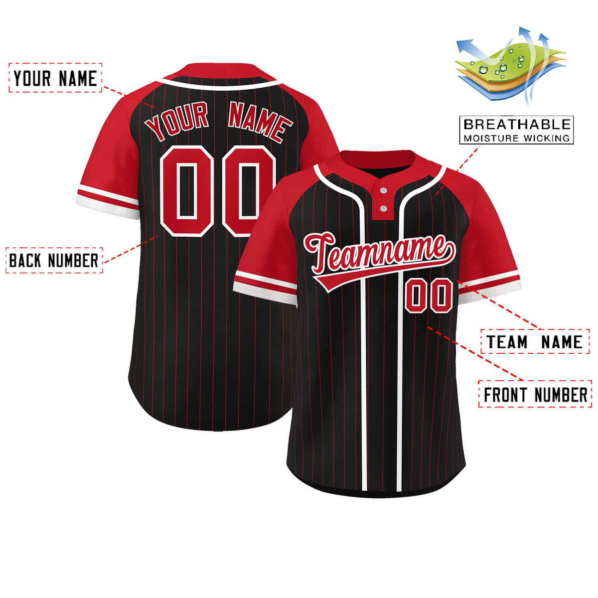 Custom Black Red-White Stripe Fashion Raglan Sleeves Authentic Two-Button Softball Jersey