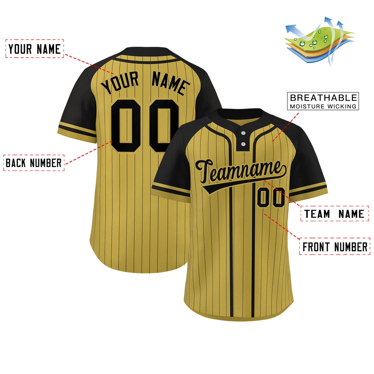 Custom Old Gold Black Stripe Fashion Raglan Sleeves Authentic Two-Button Softball Jersey