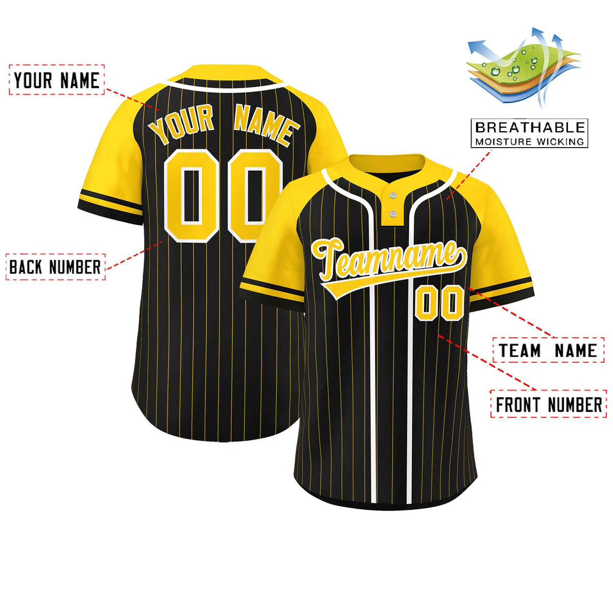 Custom Black Gold-White Stripe Fashion Raglan Sleeves Authentic Two-Button Softball Jersey