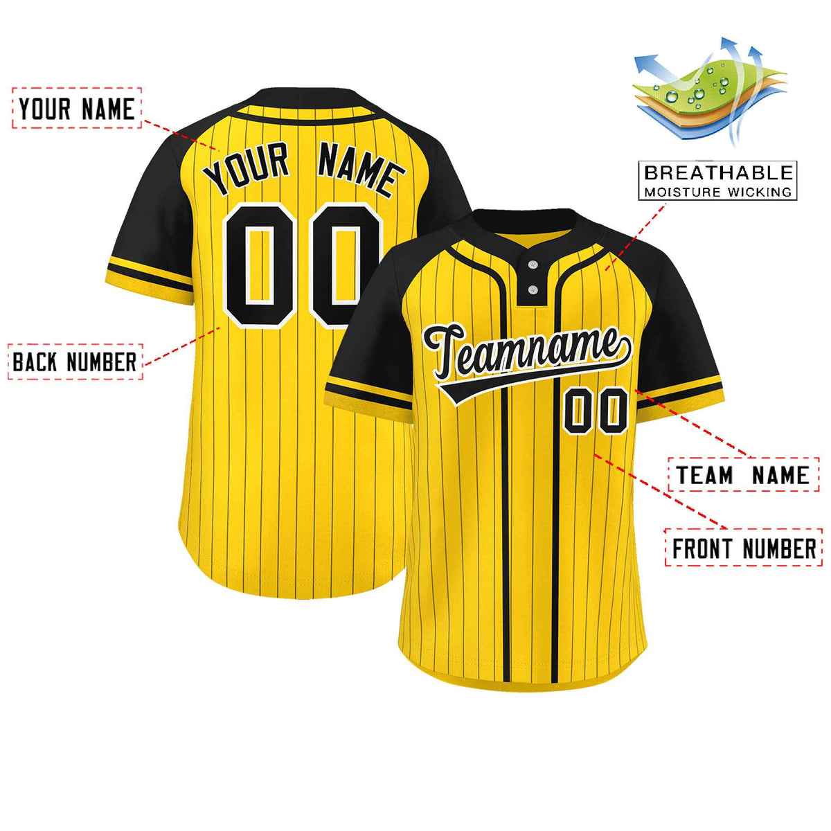Custom Gold Black Stripe Fashion Raglan Sleeves Authentic Two-Button Softball Jersey