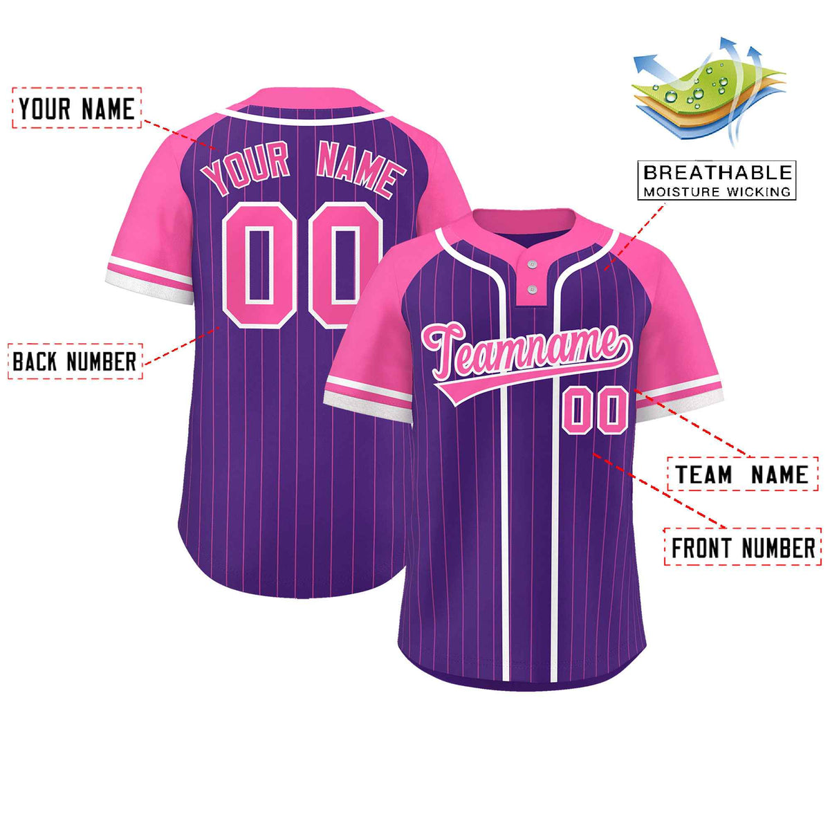 Custom Purple Pink-White Stripe Fashion Raglan Sleeves Authentic Two-Button Softball Jersey