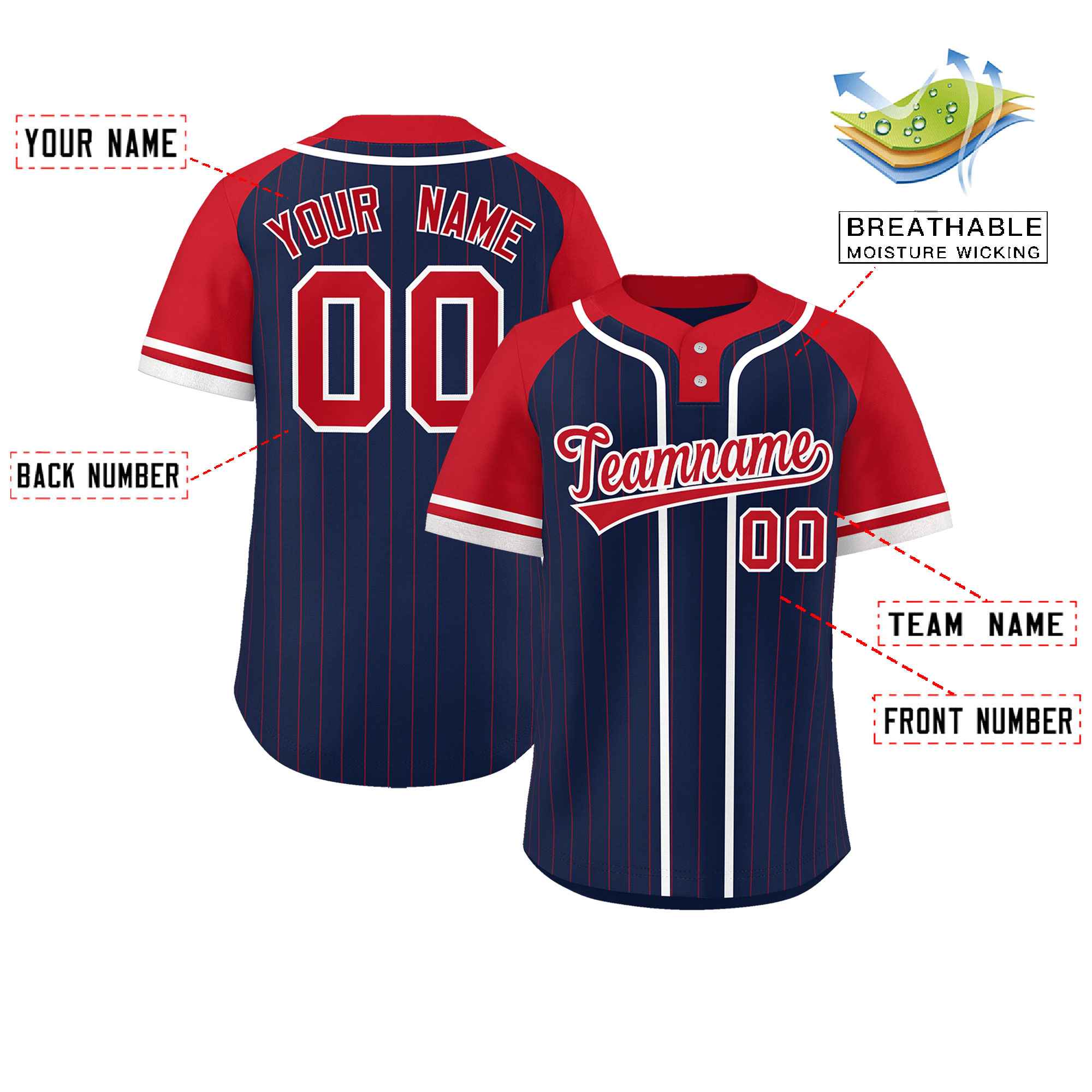 Custom Navy Red-White Stripe Fashion Raglan Sleeves Authentic Two-Button Softball Jersey