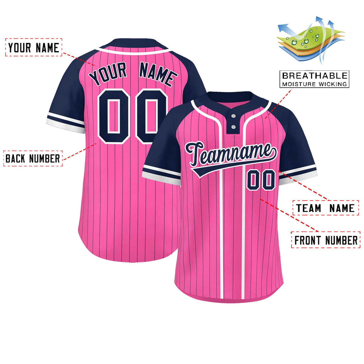 Custom Pink Navy-White Stripe Fashion Raglan Sleeves Authentic Two-Button Softball Jersey