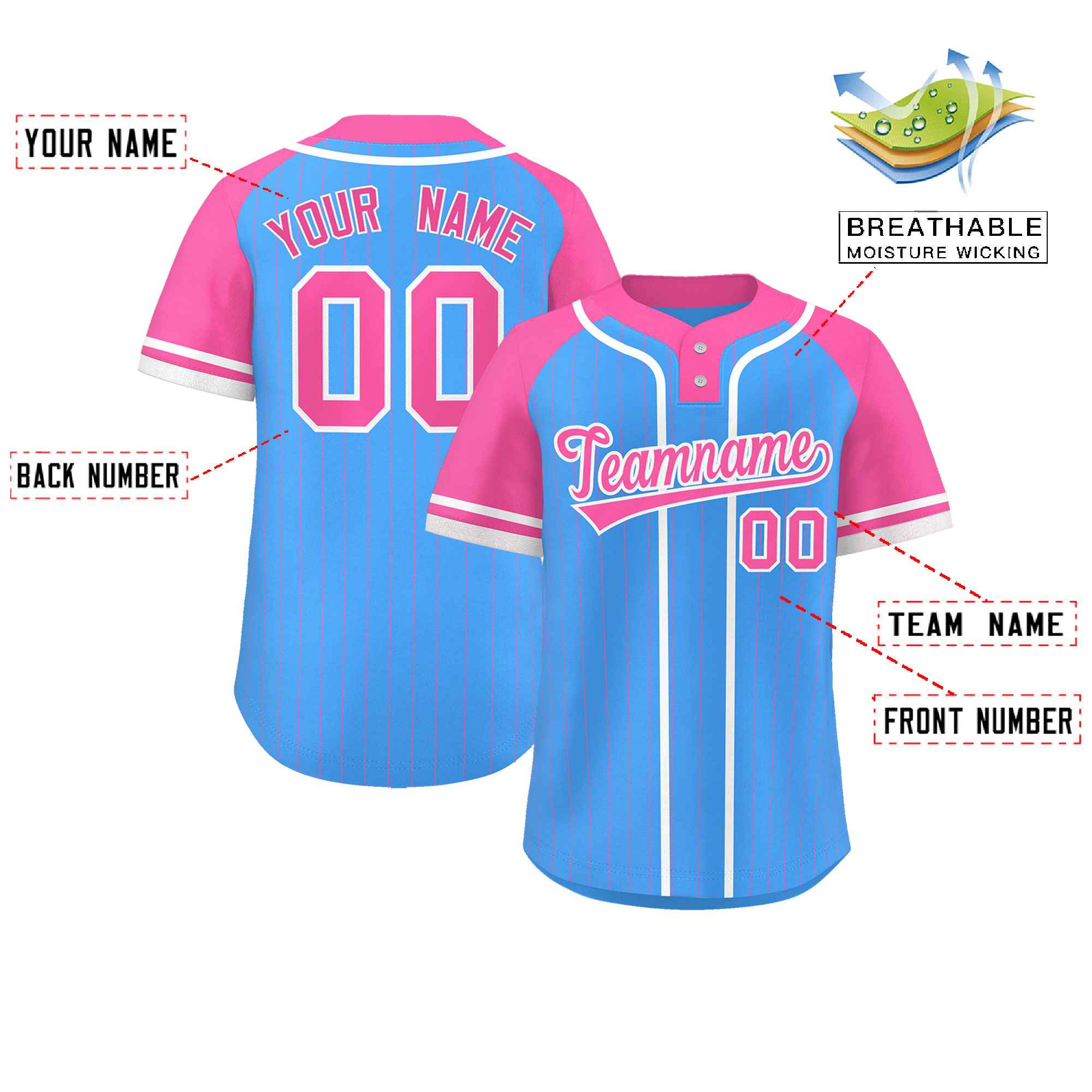 Custom Powder Blue Pink-White Stripe Fashion Raglan Sleeves Authentic Two-Button Softball Jersey