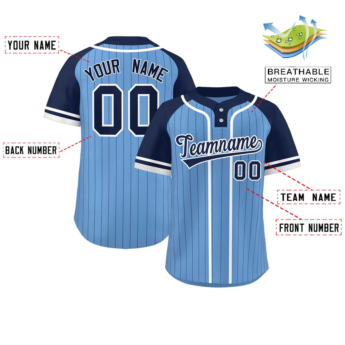 Custom Light Blue Navy-White Stripe Fashion Raglan Sleeves Authentic Two-Button Softball Jersey