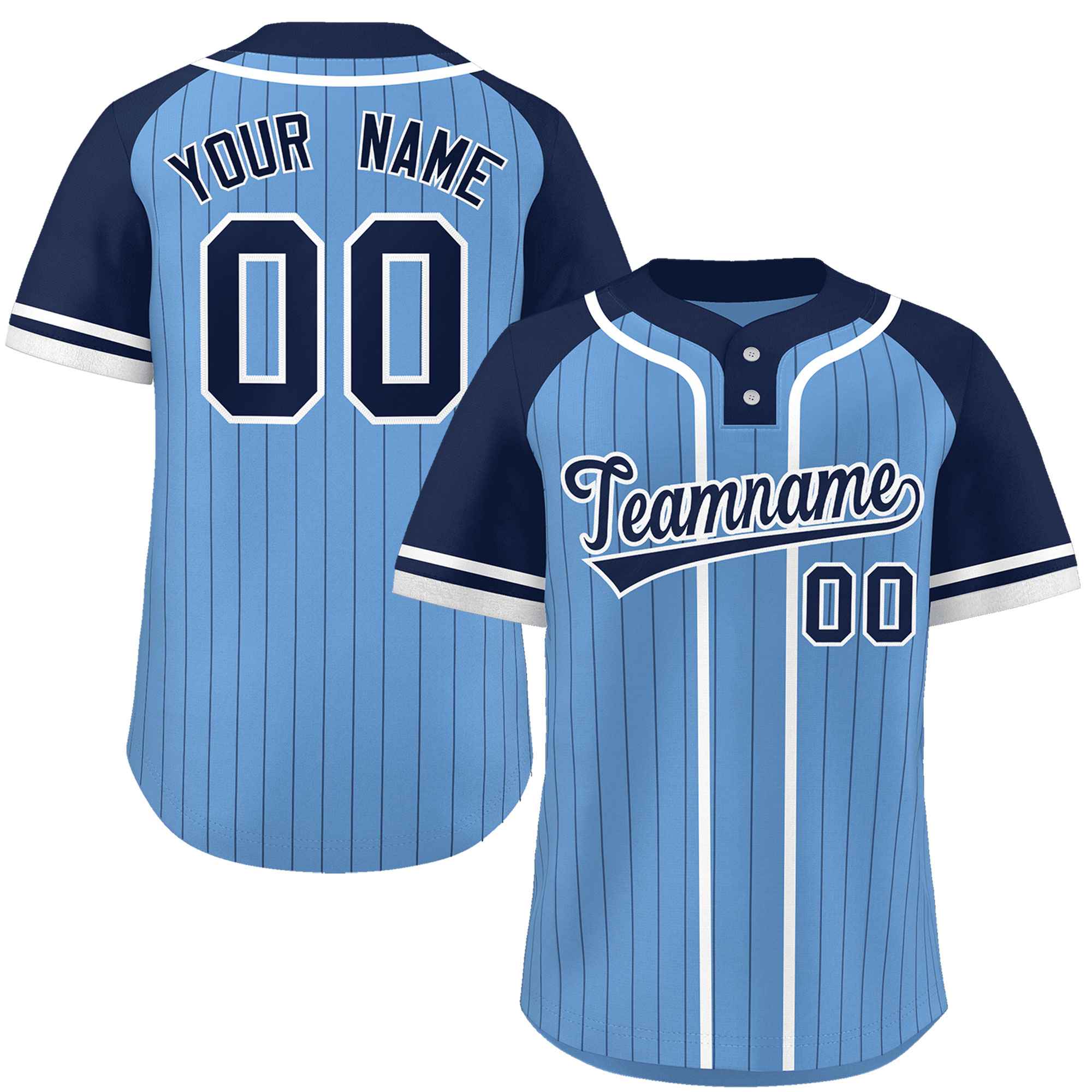 Custom Light Blue Navy-White Stripe Fashion Raglan Sleeves Authentic Two-Button Softball Jersey