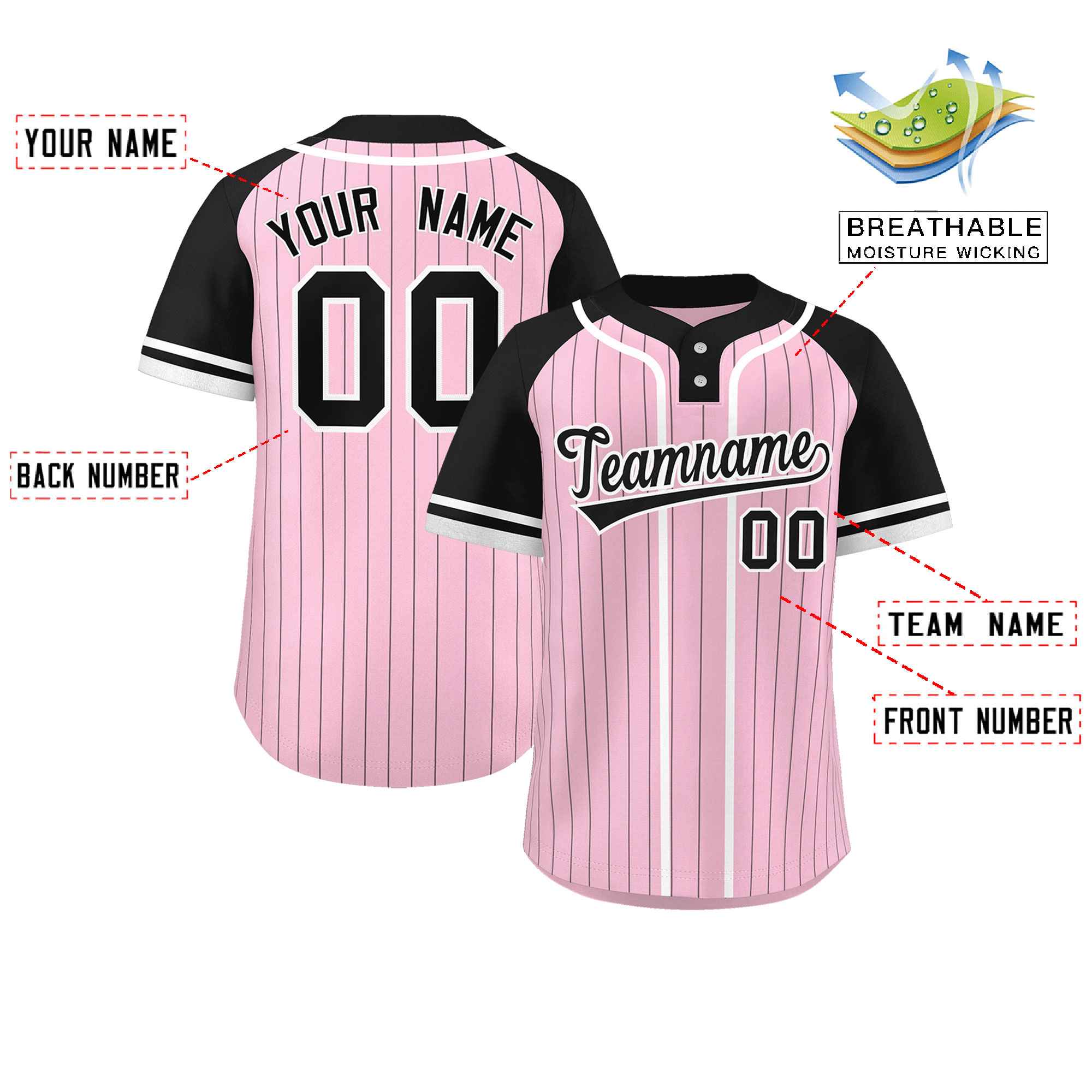 Custom Light Pink Black-White Stripe Fashion Raglan Sleeves Authentic Two-Button Softball Jersey
