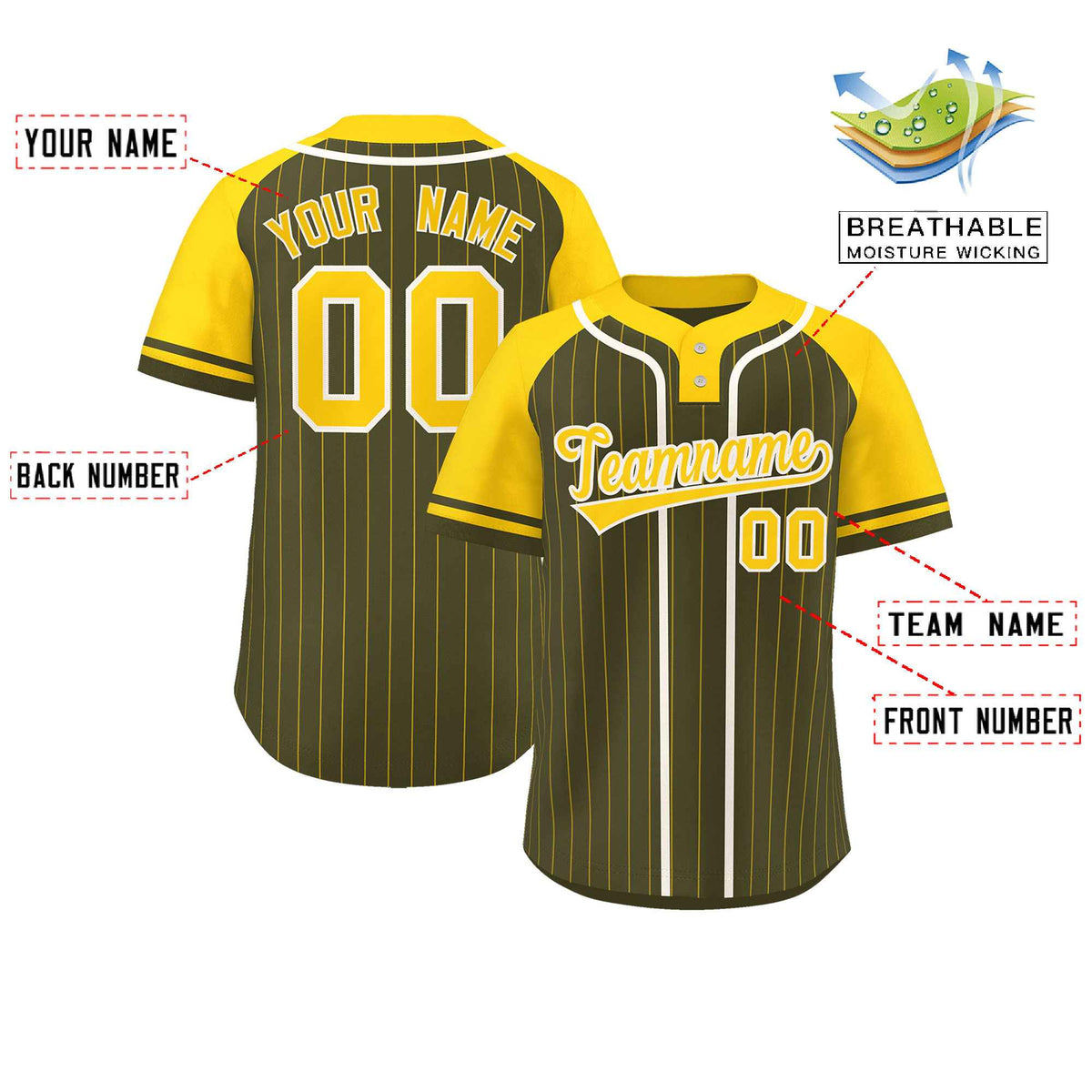 Custom Olive Gold-White Stripe Fashion Raglan Sleeves Authentic Two-Button Softball Jersey