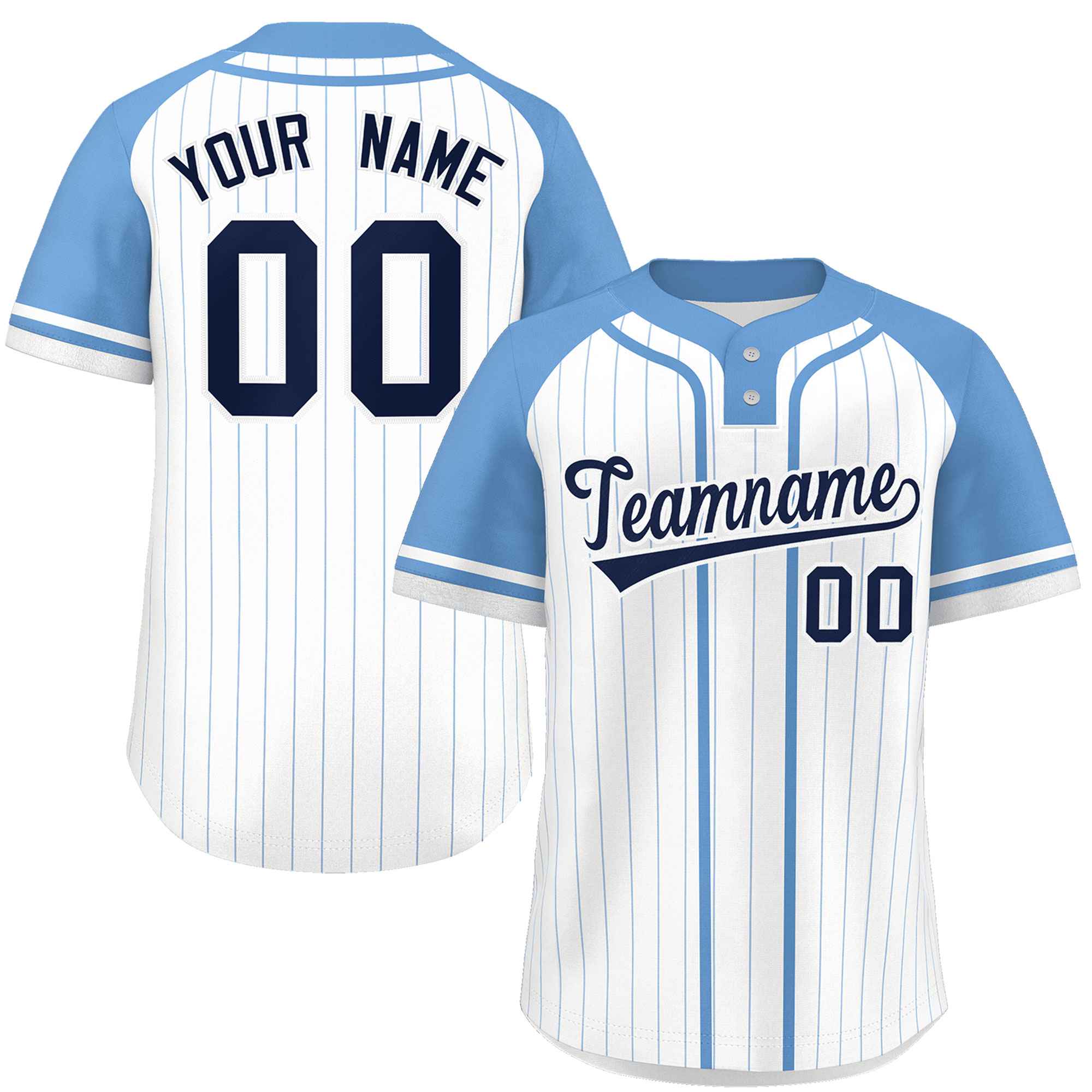 Custom White Light Blue Stripe Fashion Raglan Sleeves Authentic Two-Button Softball Jersey
