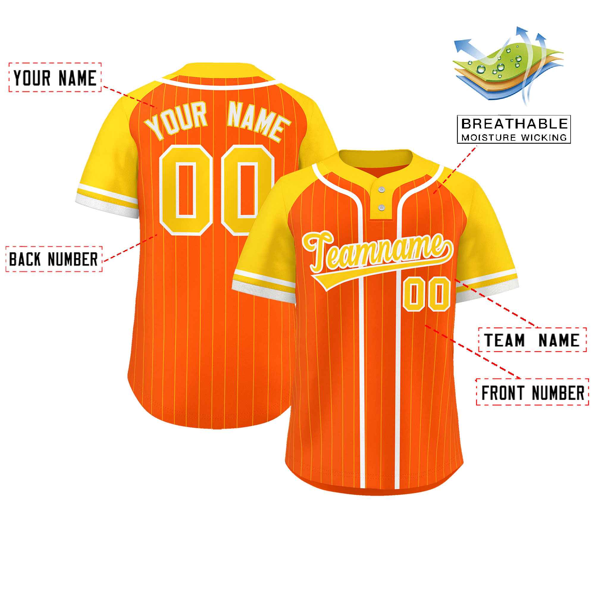 Custom Orange Gold-White Stripe Fashion Raglan Sleeves Authentic Two-Button Softball Jersey