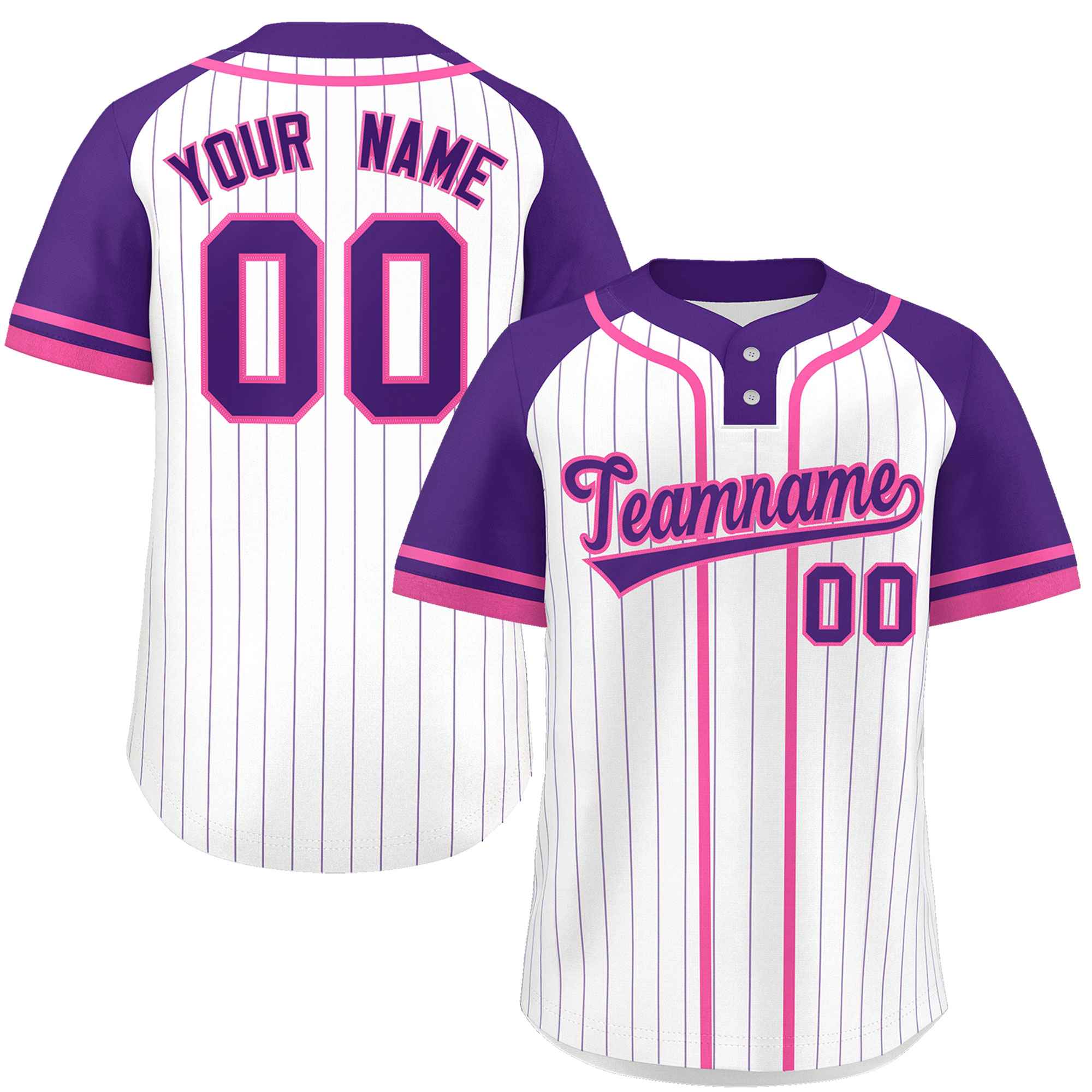Custom White Purple-Pink Stripe Fashion Raglan Sleeves Authentic Two-Button Softball Jersey