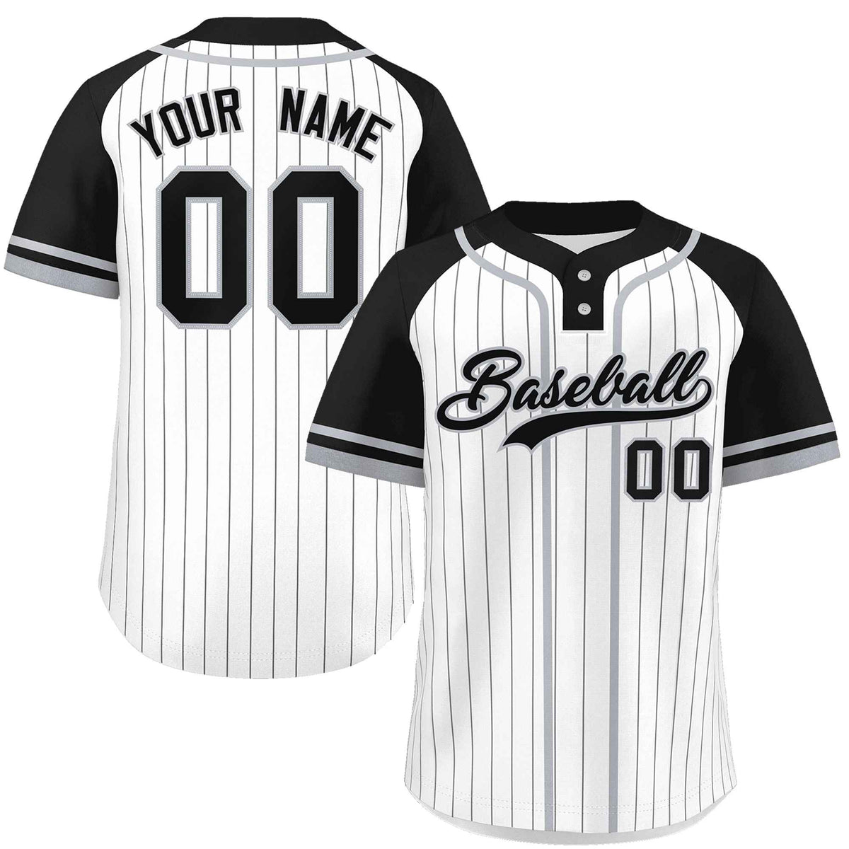 Custom White Black-Gray Stripe Fashion Raglan Sleeves Authentic Two-Button Softball Jersey