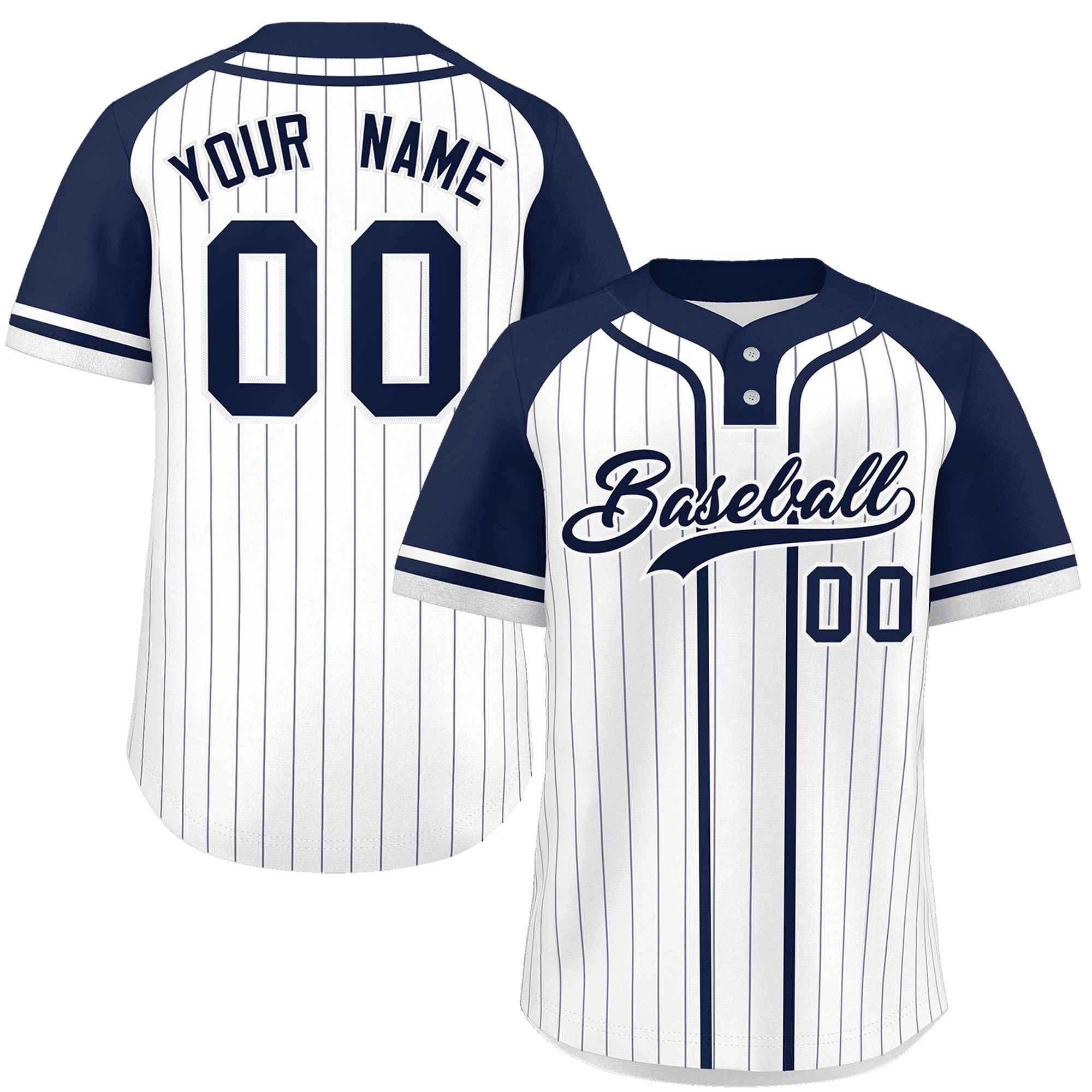 Custom White Navy Stripe Fashion Raglan Sleeves Authentic Two-Button Softball Jersey