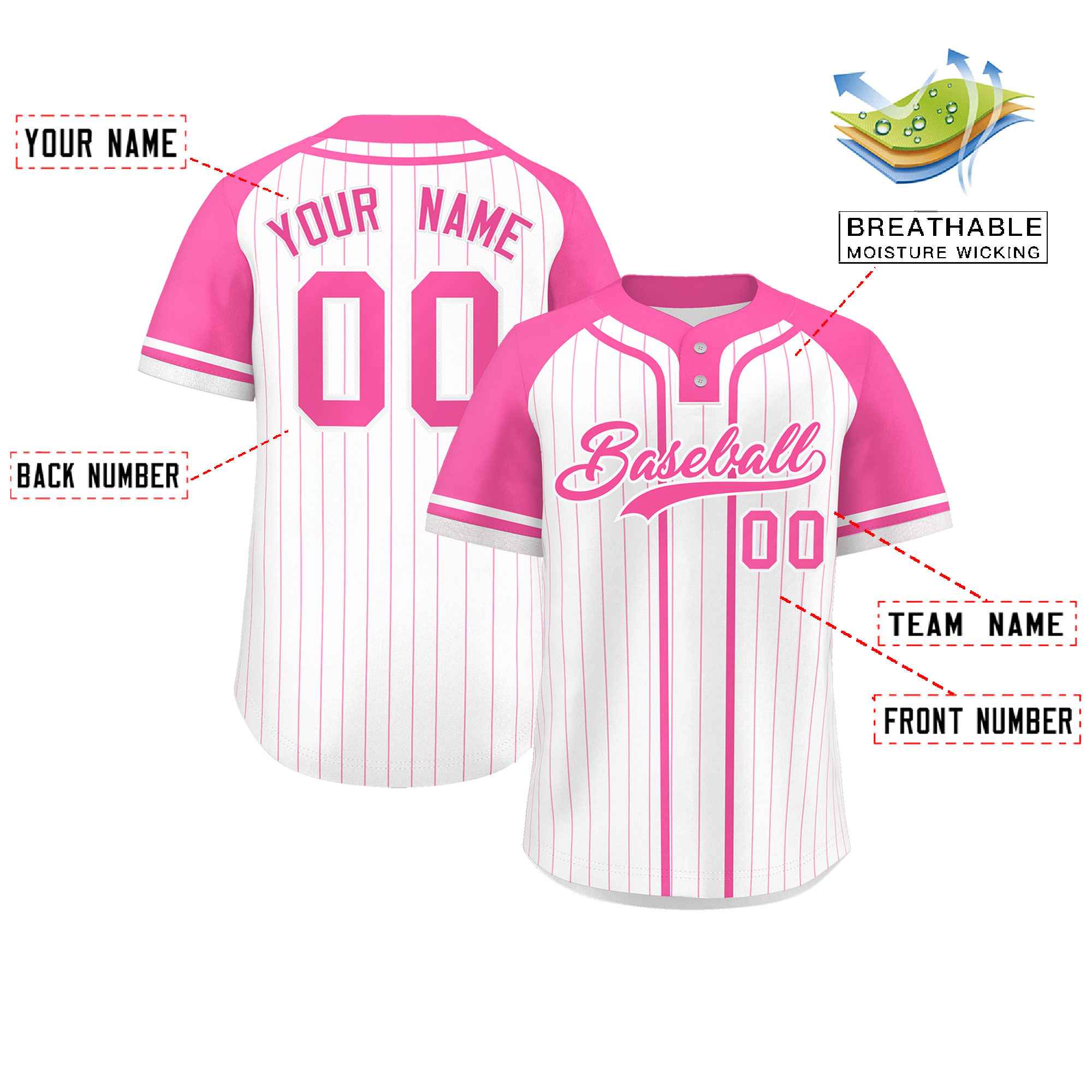 Custom White Pink Stripe Fashion Raglan Sleeves Authentic Two-Button Softball Jersey