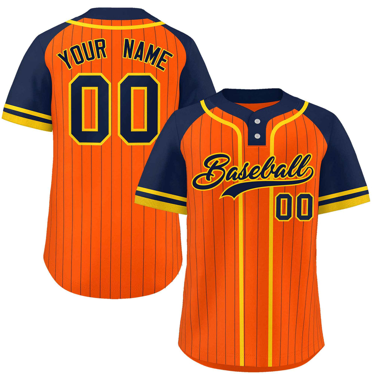 Custom Orange Navy-Gold Stripe Fashion Raglan Sleeves Authentic Two-Button Softball Jersey