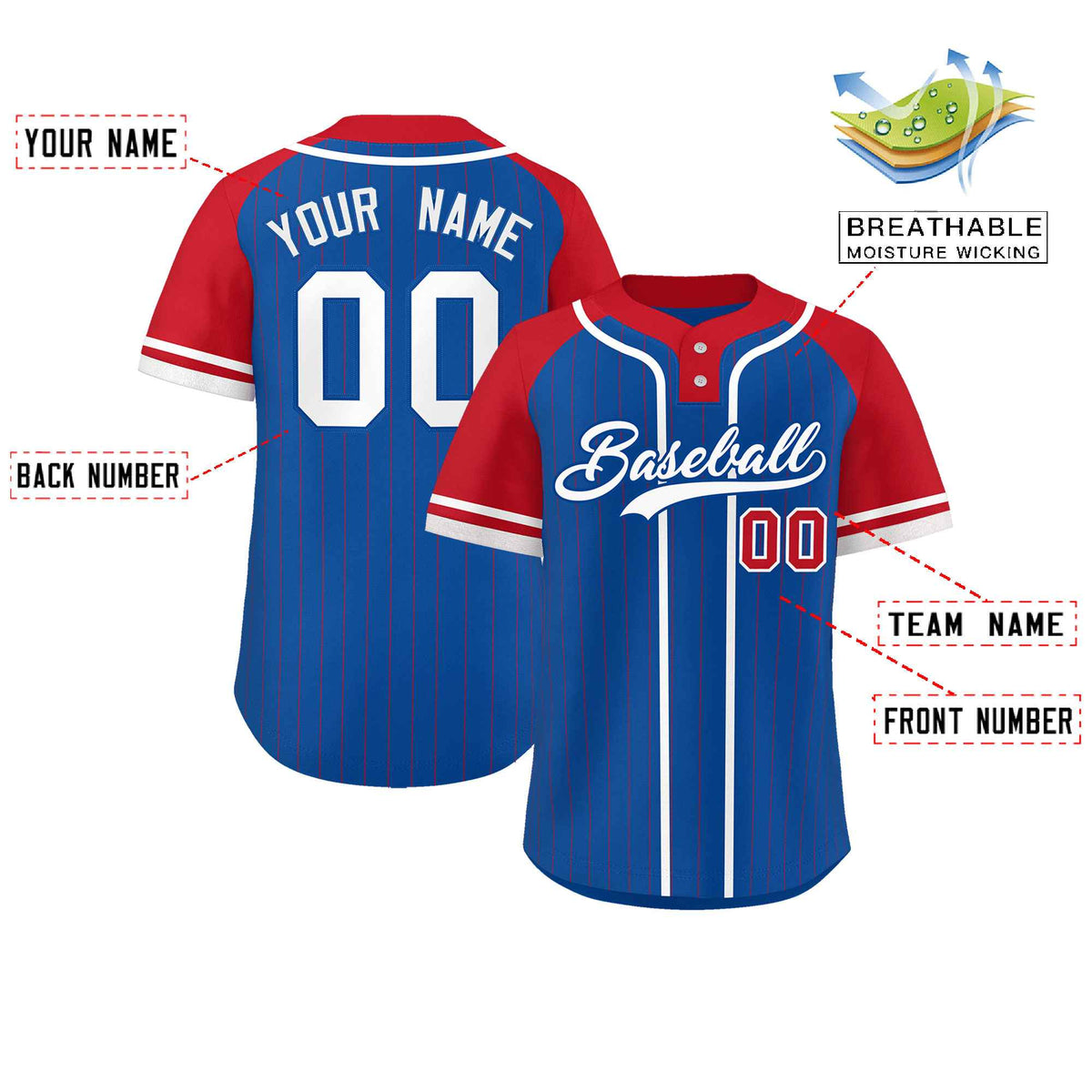 Custom Royal Red-White Stripe Fashion Raglan Sleeves Authentic Two-Button Softball Jersey