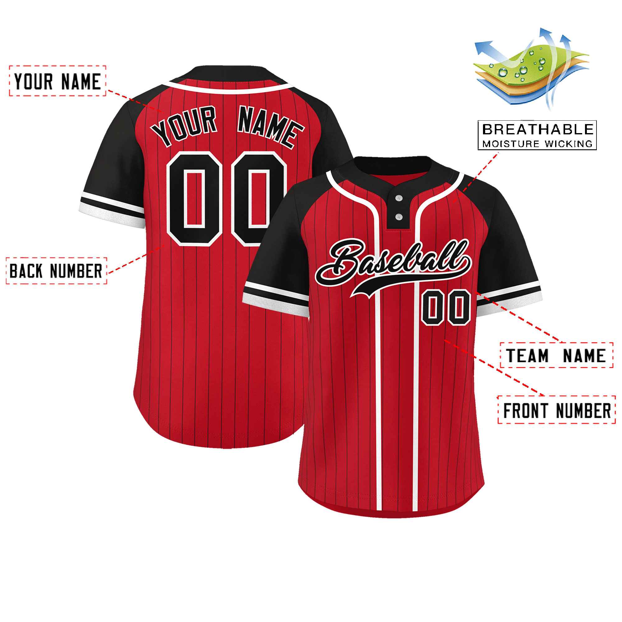 Custom Red Black-White Stripe Fashion Raglan Sleeves Authentic Two-Button Softball Jersey
