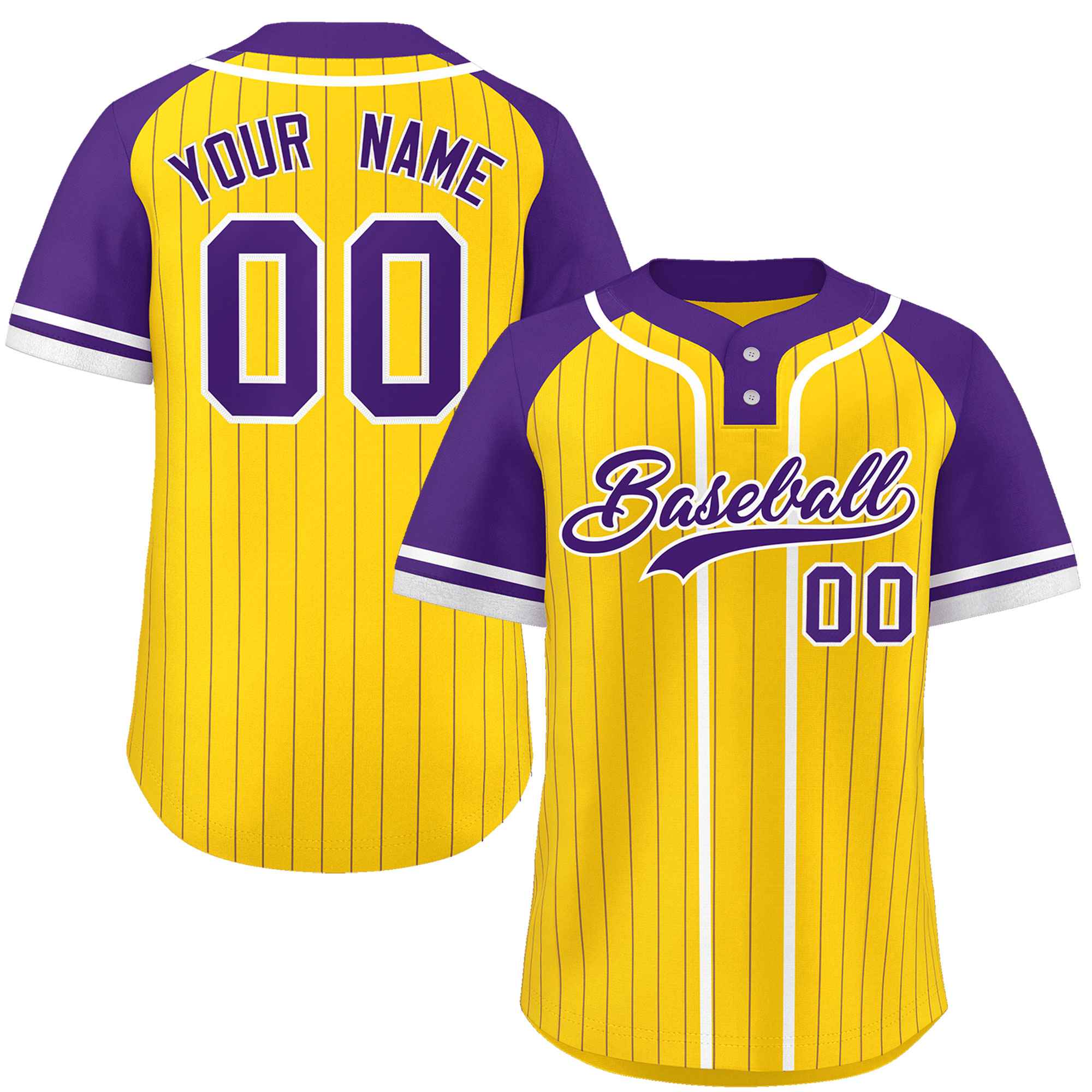 Custom Gold Purple-White Stripe Fashion Raglan Sleeves Authentic Two-Button Softball Jersey