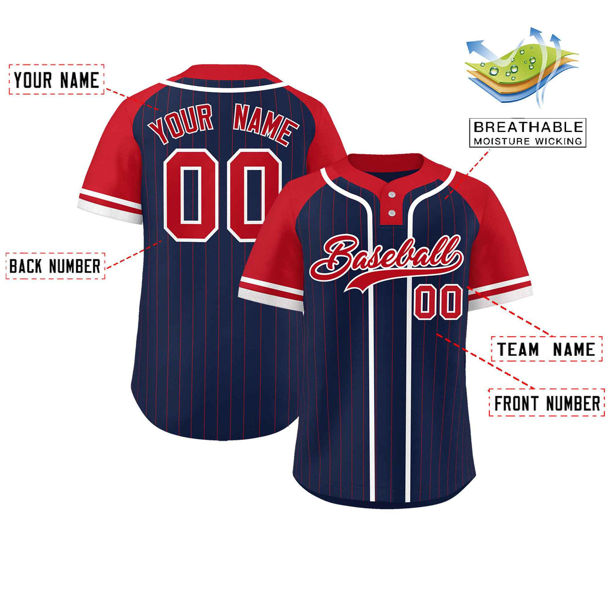 Custom Navy Red-White Stripe Fashion Raglan Sleeves Authentic Two-Button Softball Jersey