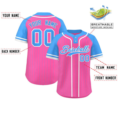 Custom Pink Powder Blue-White Stripe Fashion Raglan Sleeves Authentic Two-Button Baseball Jersey