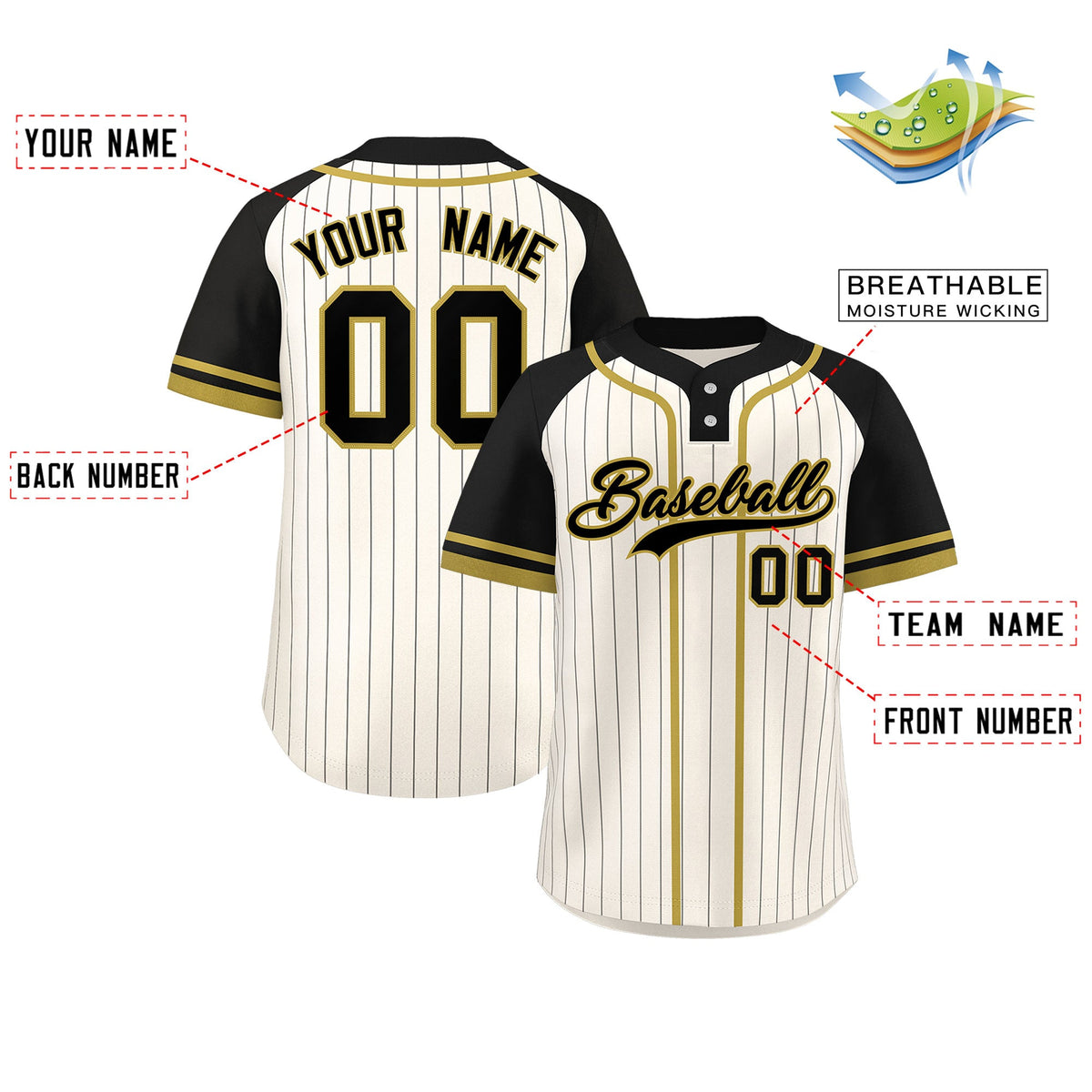 Custom Cream Black-Old Gold Stripe Fashion Raglan Sleeves Authentic Two-Button Softball Jersey