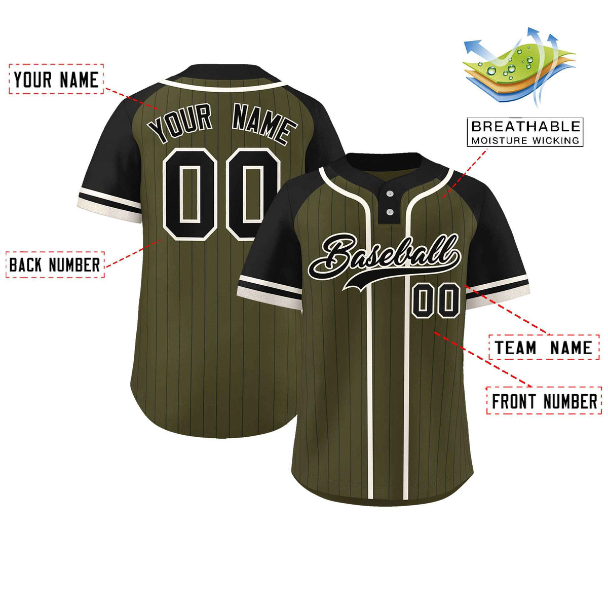 Custom Olive Black-Cream Stripe Fashion Raglan Sleeves Authentic Two-Button Softball Jersey