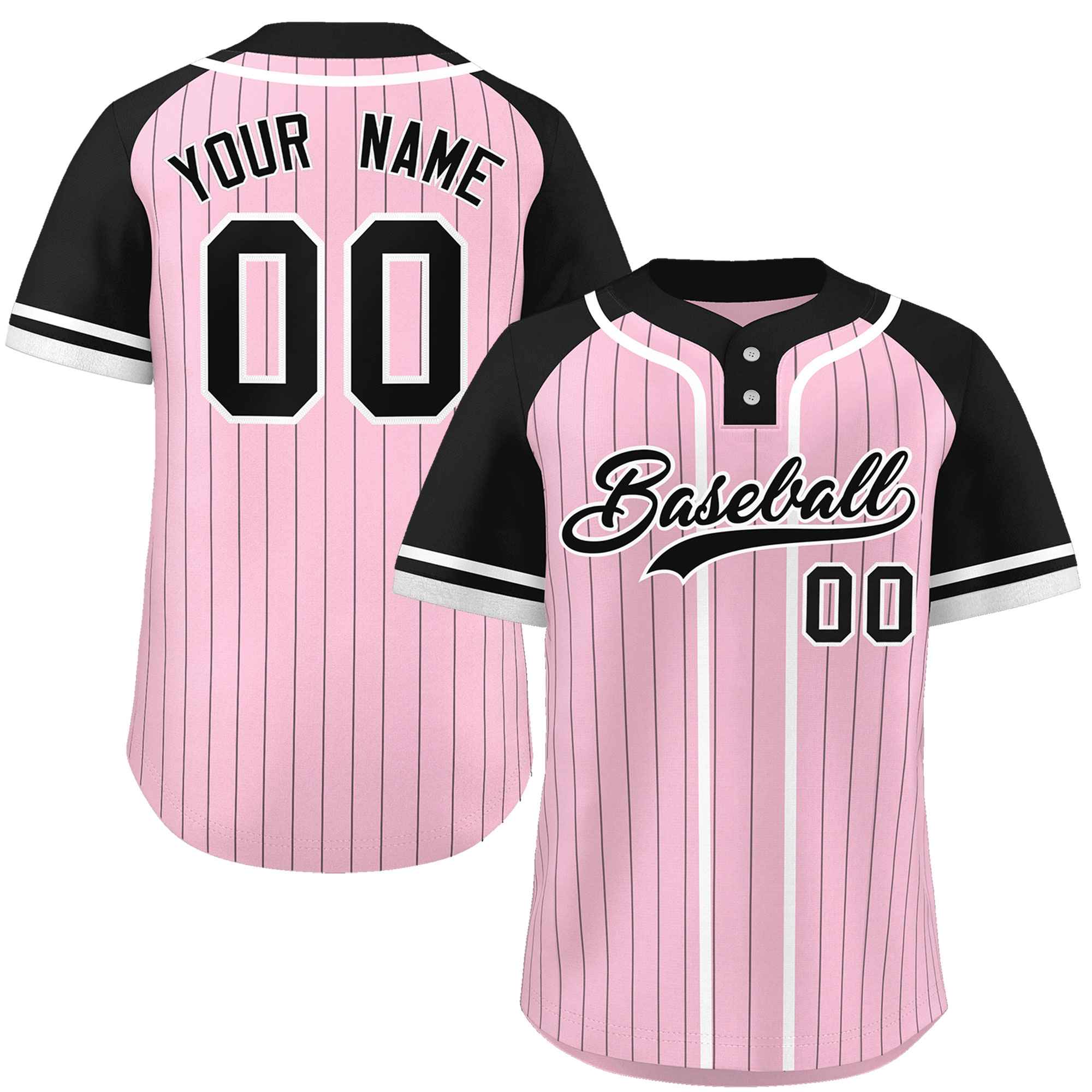 Custom Light Pink Black-White Stripe Fashion Raglan Sleeves Authentic Two-Button Softball Jersey
