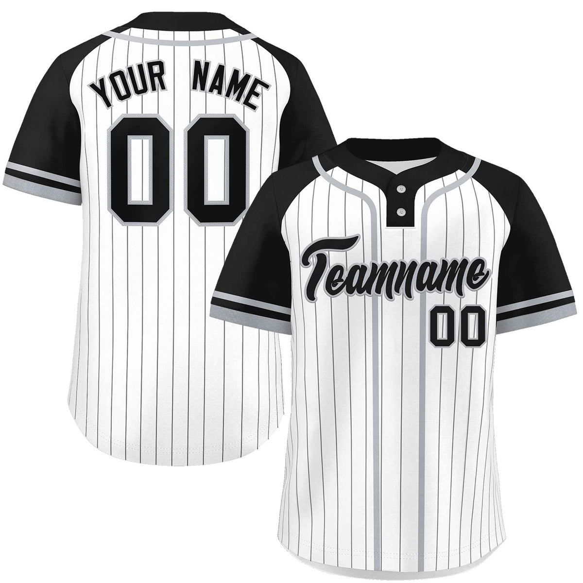 Custom White Black-Gray Stripe Fashion Raglan Sleeves Authentic Two-Button Softball Jersey