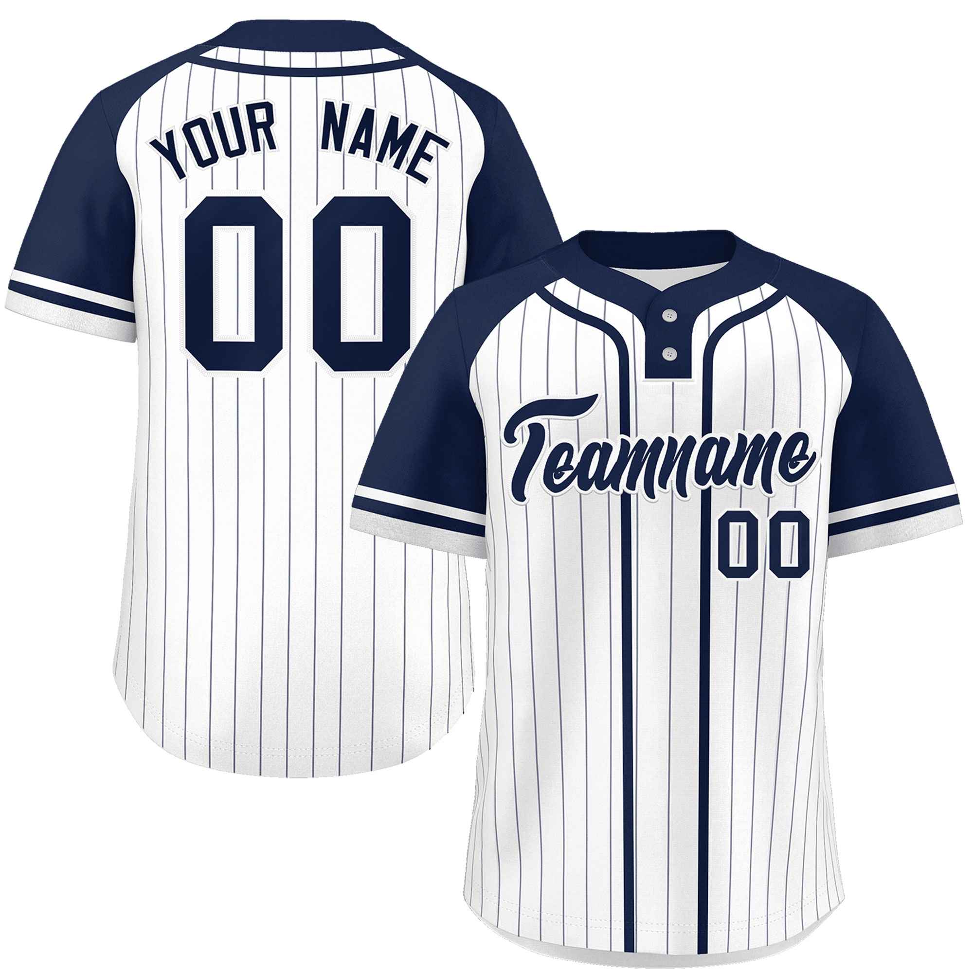 Custom White Navy Stripe Fashion Raglan Sleeves Authentic Two-Button Softball Jersey