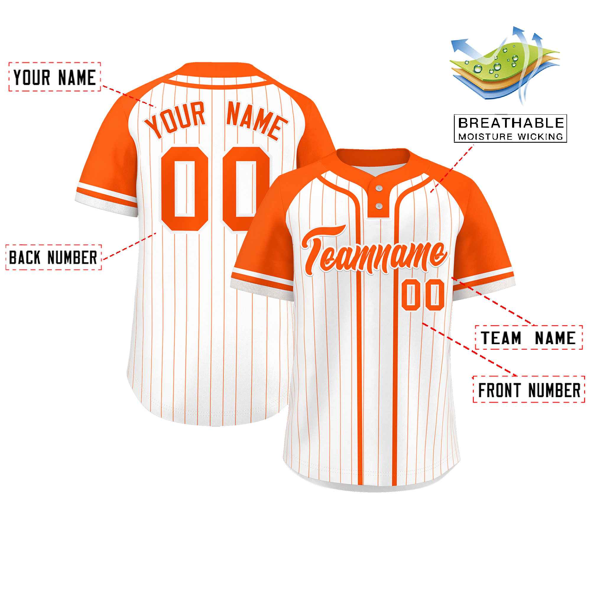 Custom White Orange Stripe Fashion Raglan Sleeves Authentic Two-Button Softball Jersey