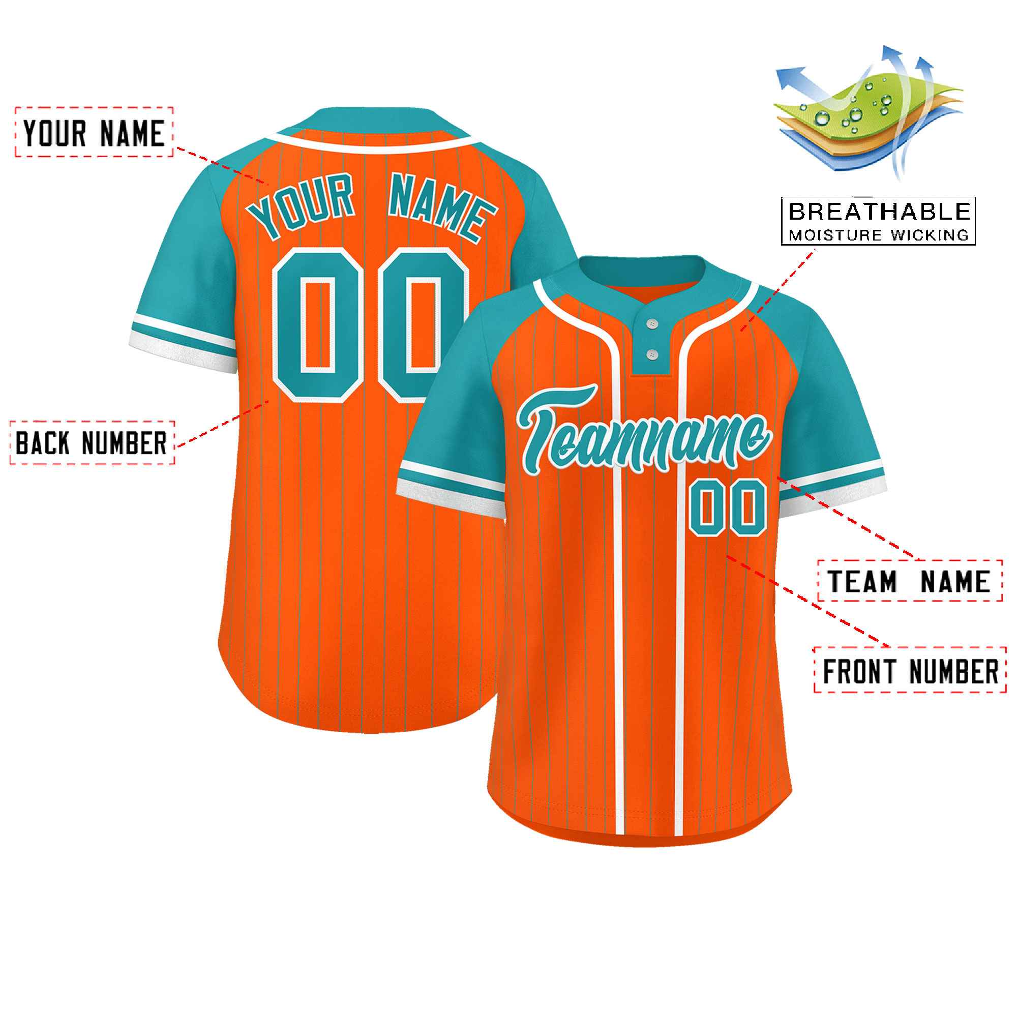 Custom Orange Aqua-White Stripe Fashion Raglan Sleeves Authentic Two-Button Softball Jersey
