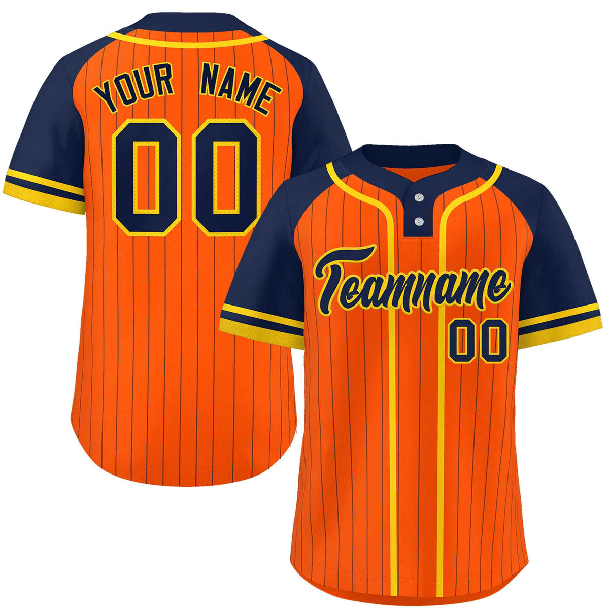 Custom Orange Navy-Gold Stripe Fashion Raglan Sleeves Authentic Two-Button Softball Jersey