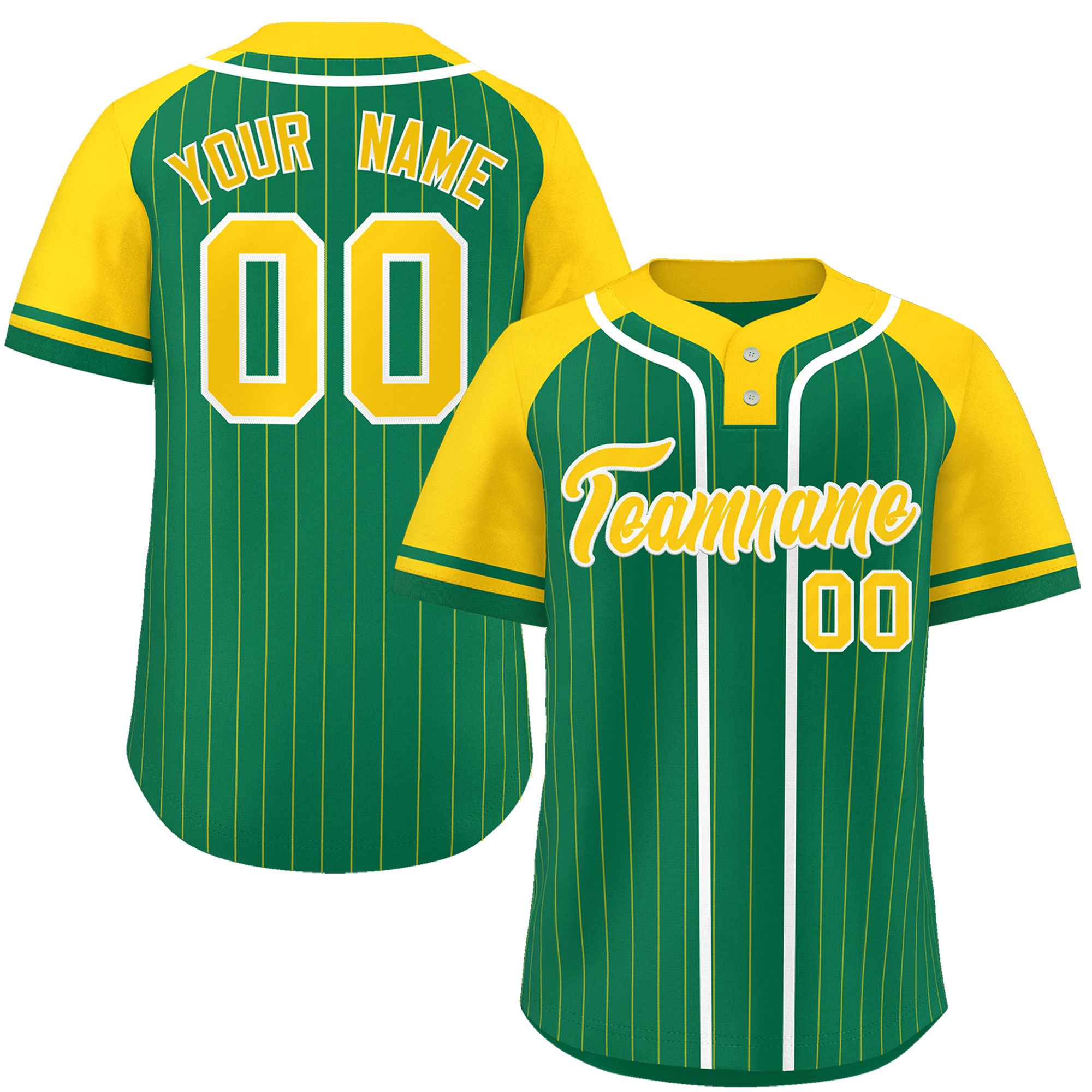 Custom Kelly Green Gold-White Stripe Fashion Raglan Sleeves Authentic Two-Button Baseball Jersey