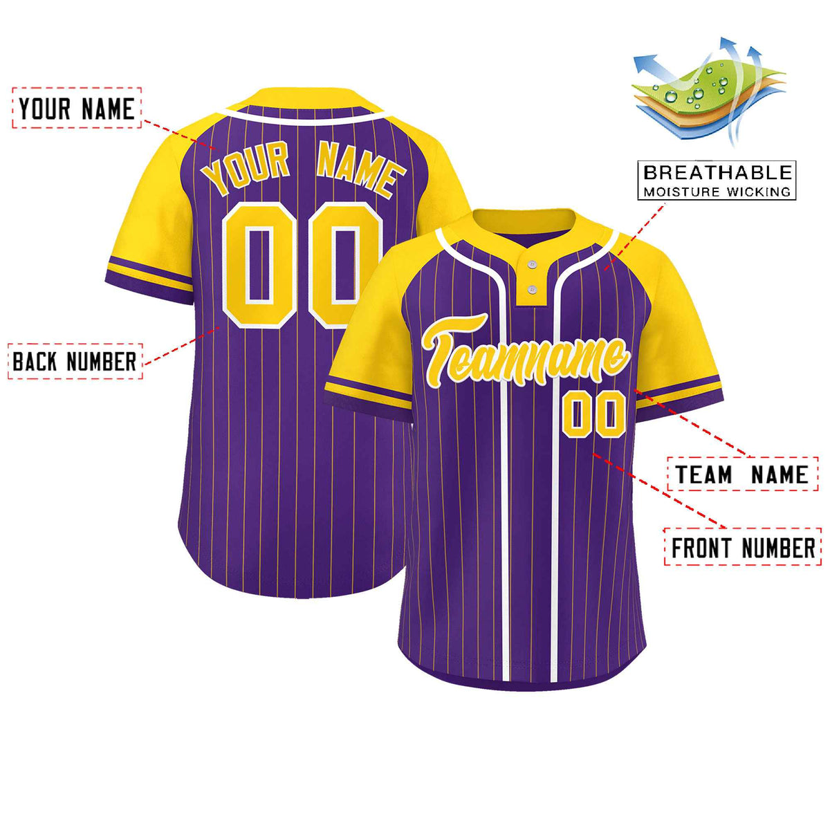 Custom Purple Gold-White Stripe Fashion Raglan Sleeves Authentic Two-Button Softball Jersey