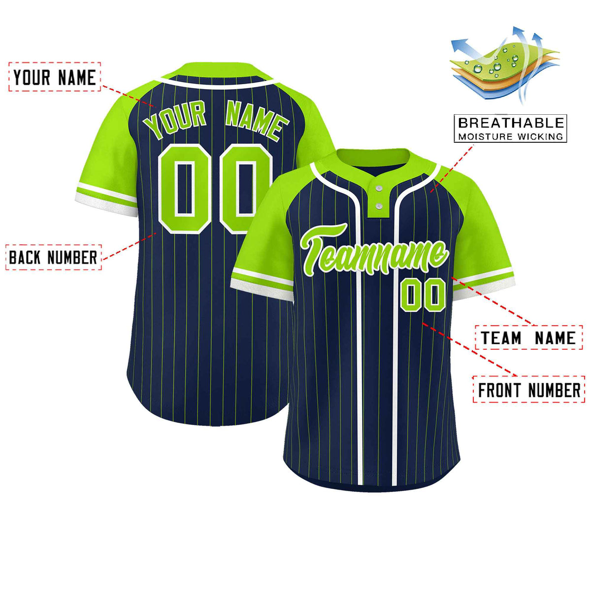 Custom Navy Neon Green-White Stripe Fashion Raglan Sleeves Authentic Two-Button Softball Jersey